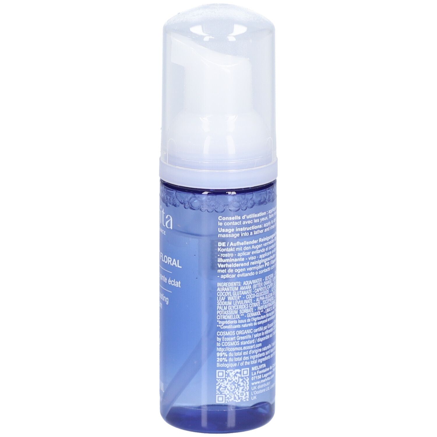Blauwe transparante fles met witte pomp. Tekst op de achterkant. MELVITA, Bouquet Floral, Mousse nettoyante éclat, bio-certificering.