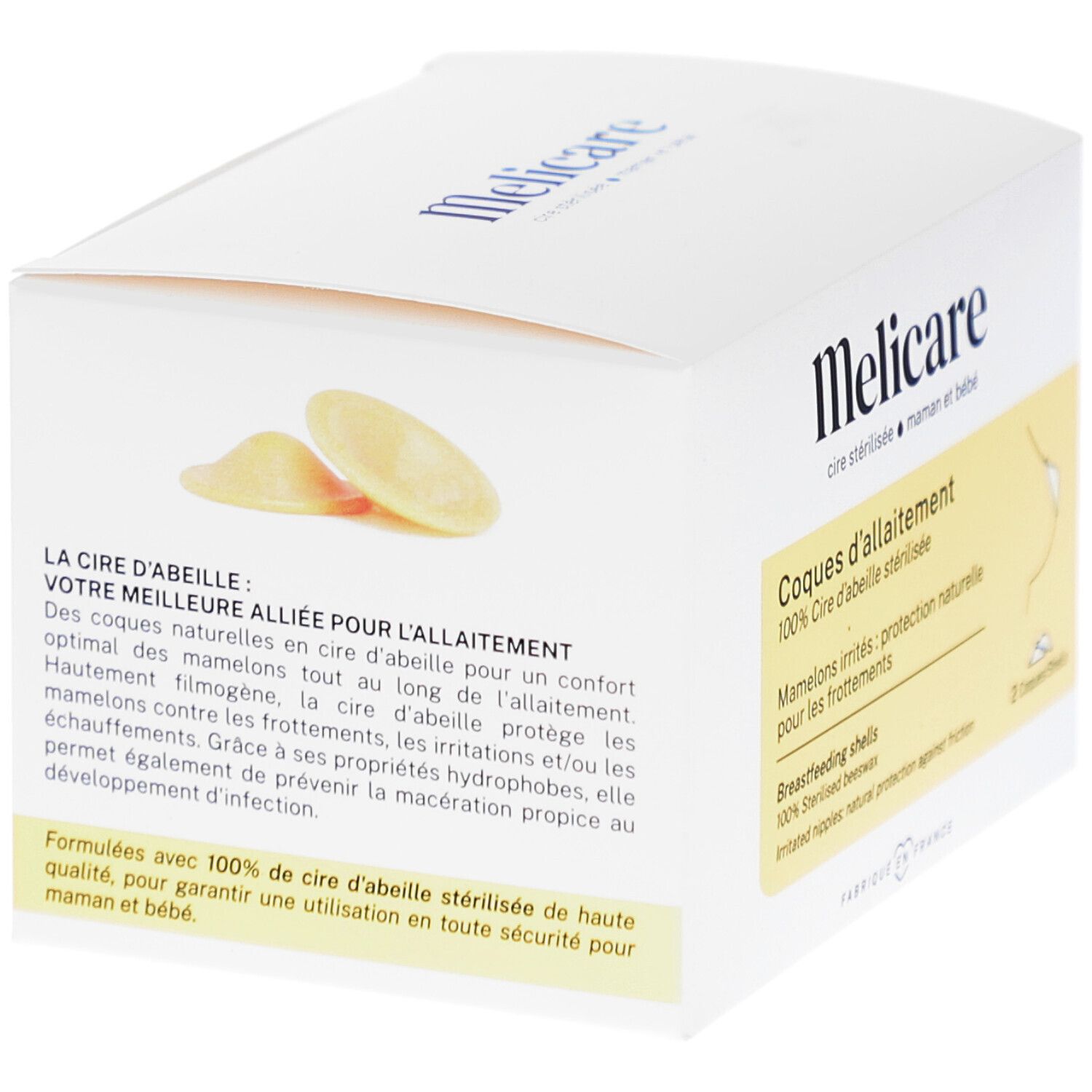 Witte doos Melicare. Twee gelige borstschelpen. Tekst: Coques d'allaitement. Gemaakt in Frankrijk.