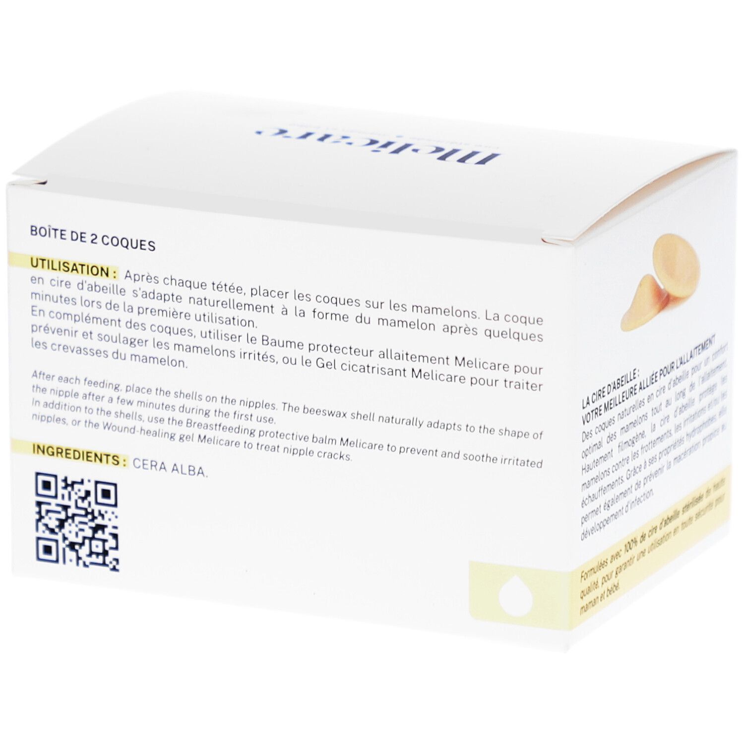 Achterkant van de witte doos. Tekst: BOÎTE DE 2 COQUES, Ingrediënten: CERA ALBA. QR-code.