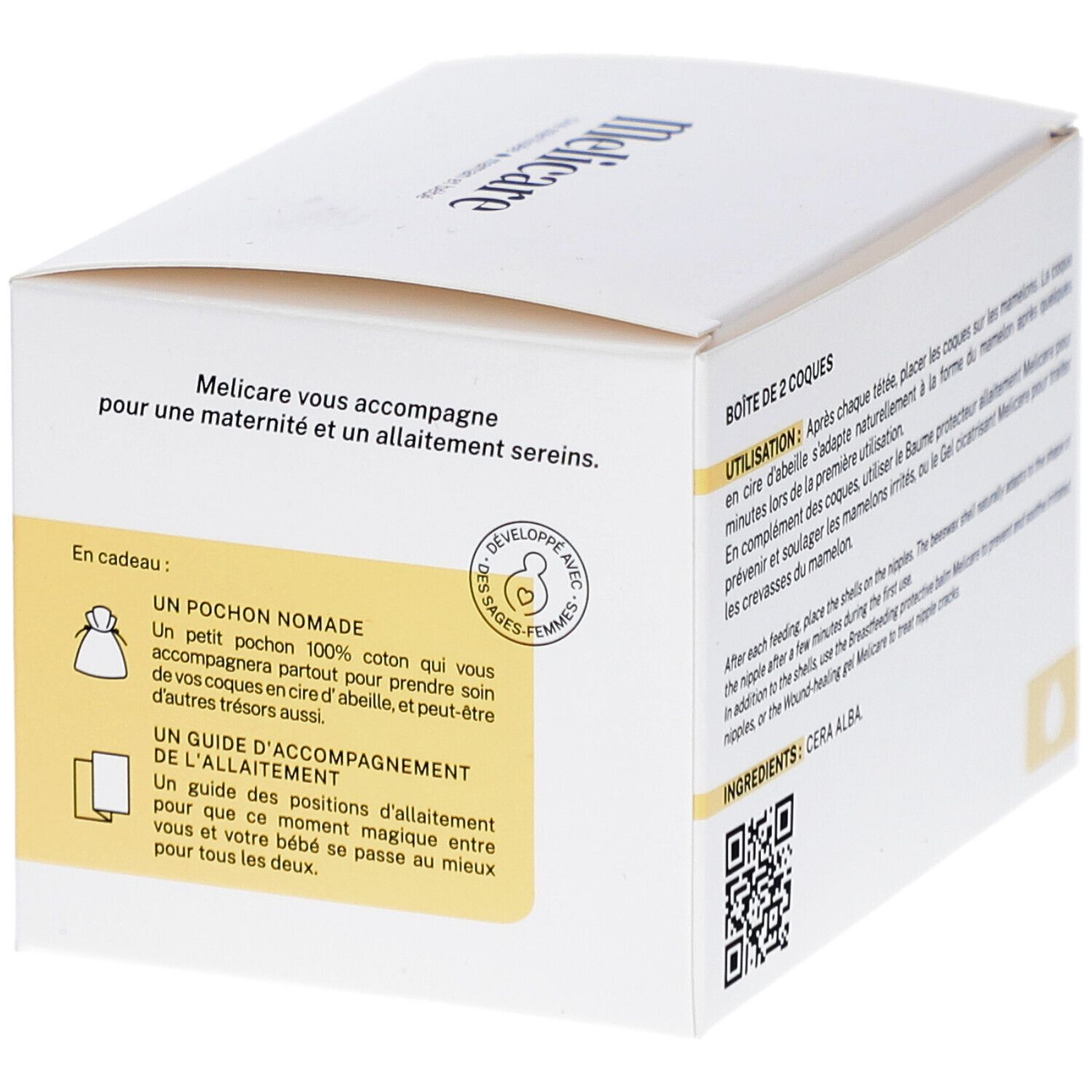 Achterkant van de witte doos. Tekst: Melicare begeleidt u. Cadeau: katoenen zakje, borstvoedingsgids.