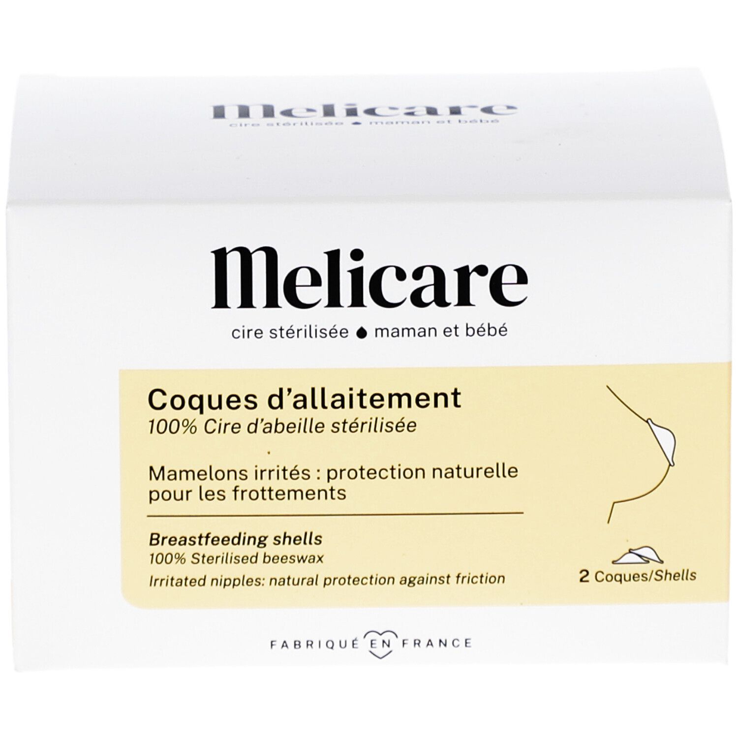 Witte doos Melicare. Tekst: Coques d'allaitement, 2 schelpen. Illustratie borst. Gemaakt in Frankrijk.