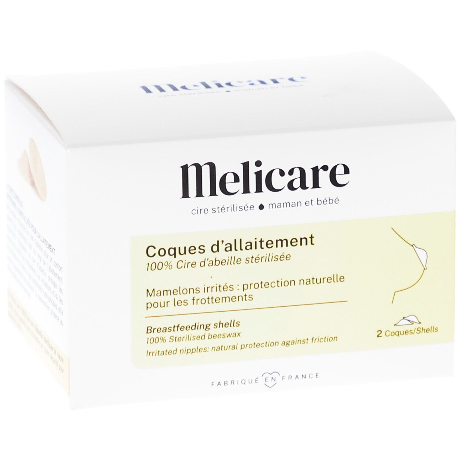 Witte doos Melicare. Tekst: Coques d'allaitement, 2 schelpen. Illustratie borst. Gemaakt in Frankrijk.