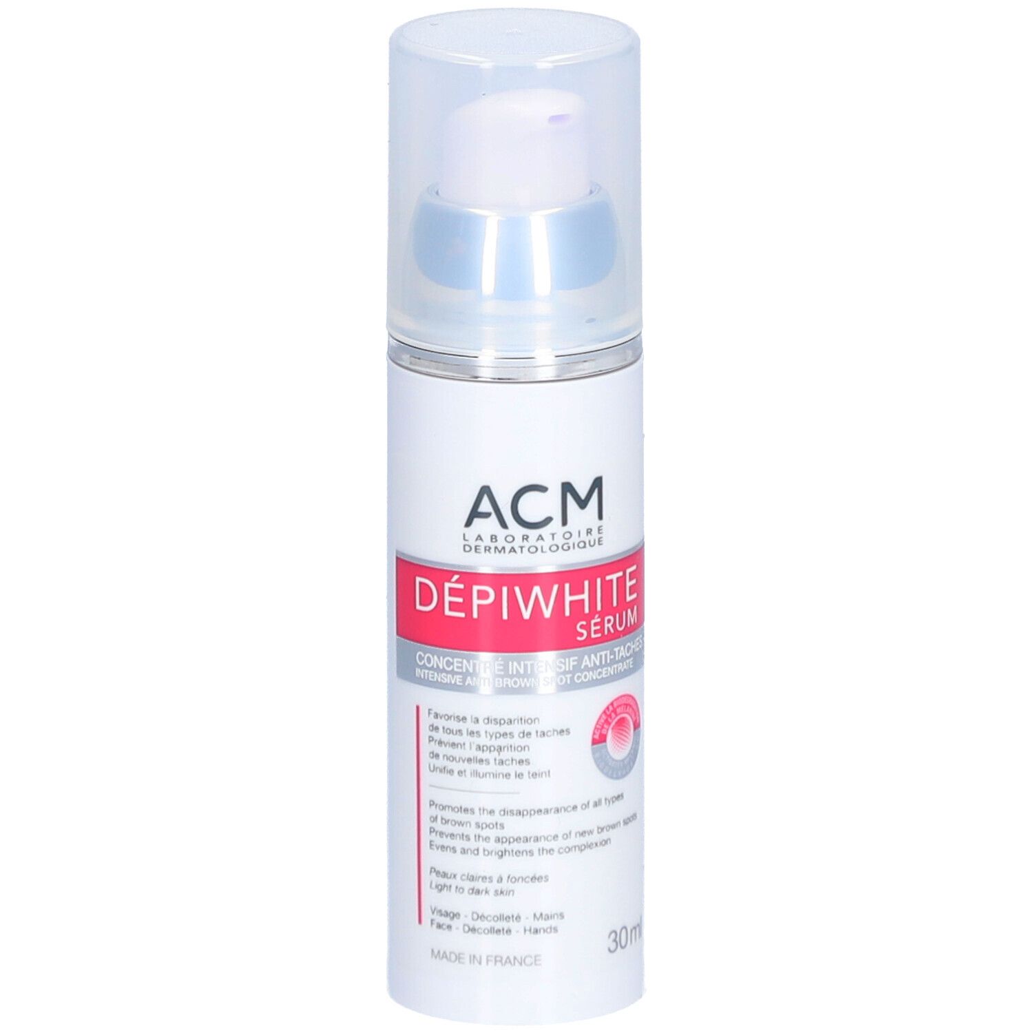 Wit serum met pomp. Opschrift: ACM Dépiwhite Sérum, Anti-Tâches. 30ml.