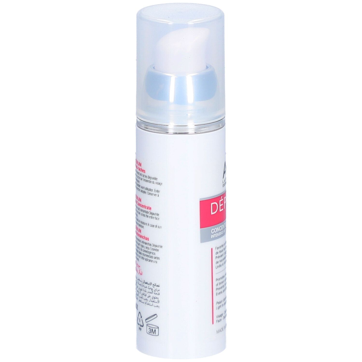 Wit serum met pomp. Achterkant met tekst. Opschrift: Dépiwhite Sérum, 30ml.