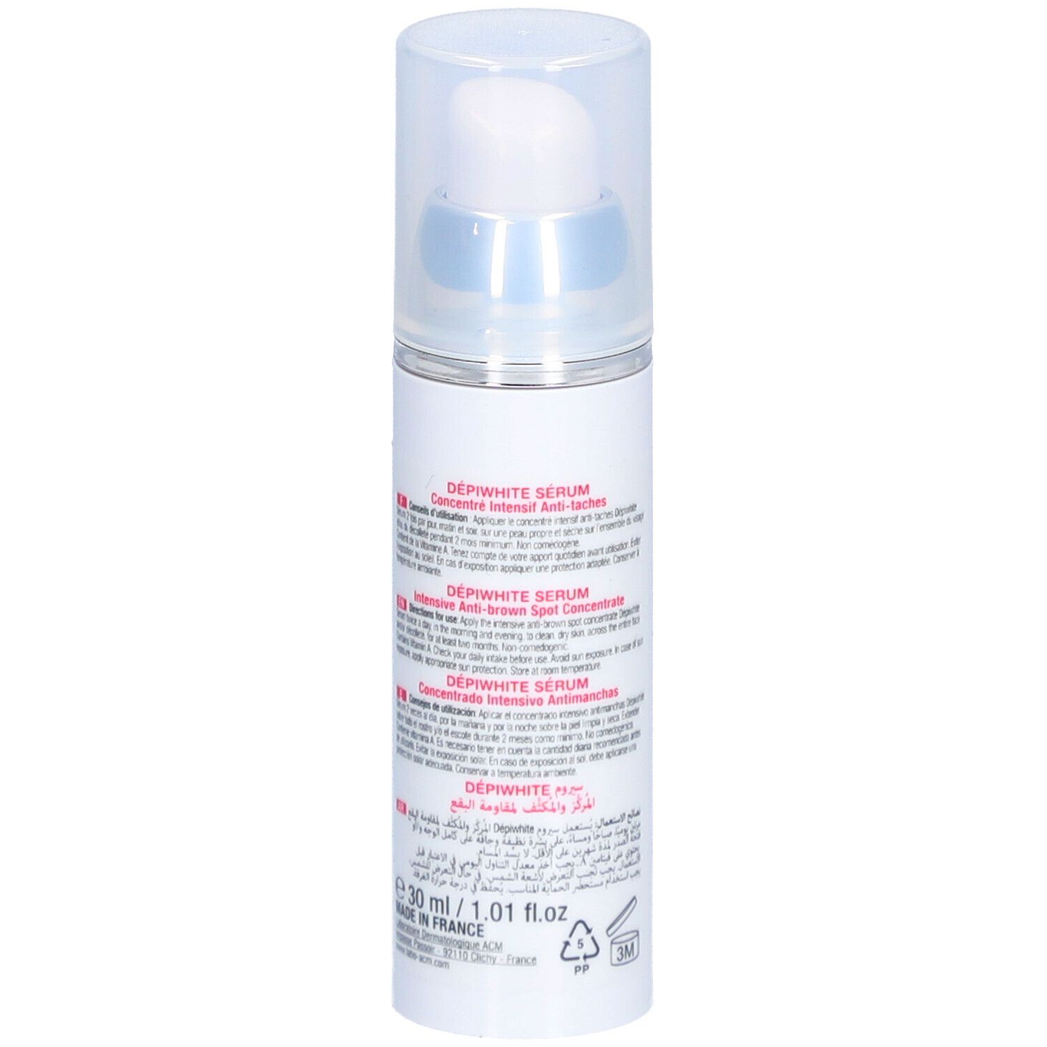 Wit serum met pomp. Achterkant met tekst. Opschrift: Dépiwhite Sérum, 30ml.