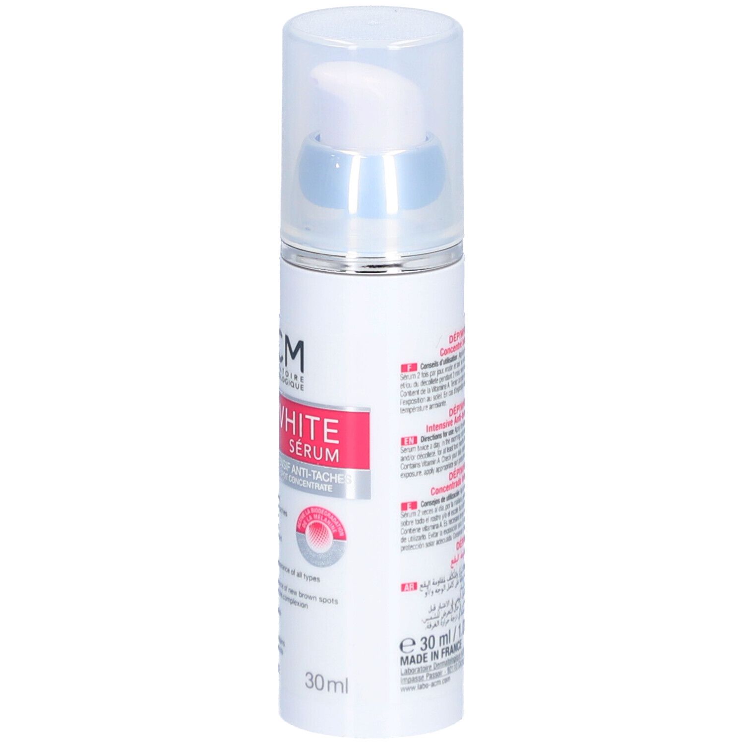 Wit serum met pomp. Opschrift: Dépiwhite Sérum, Anti-Tâches. 30ml.