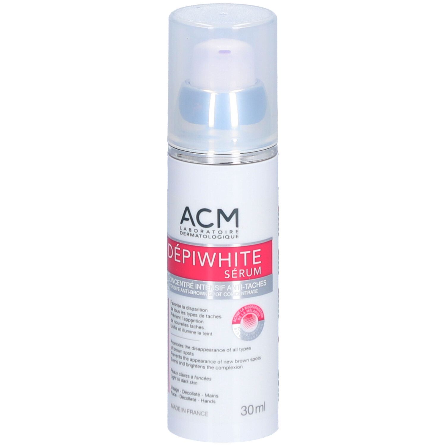 Wit serum met pomp. Opschrift: ACM Dépiwhite Sérum, Anti-Tâches. 30ml.