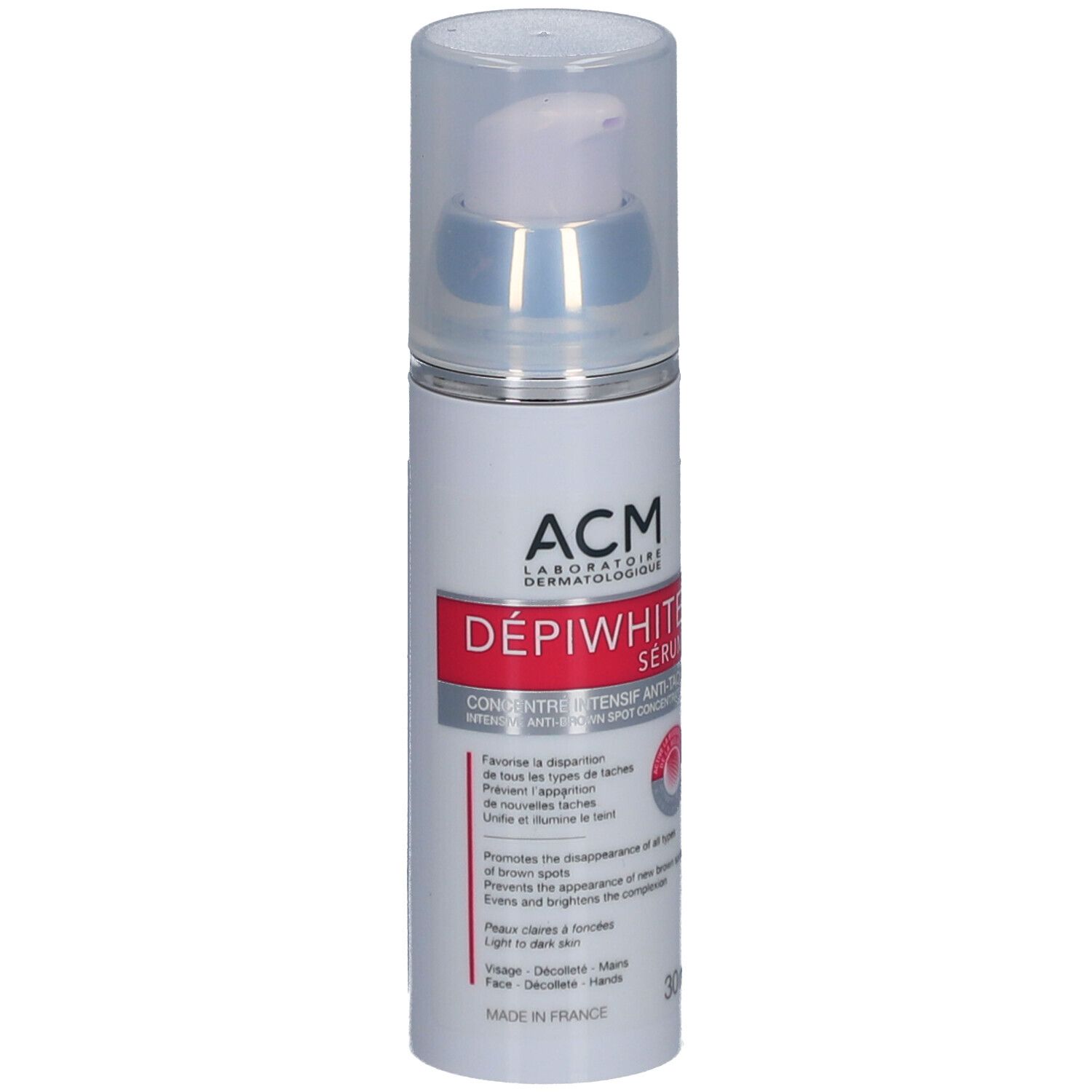 Wit serum met pomp. Opschrift: ACM Dépiwhite Sérum, Anti-Tâches. 30ml.
