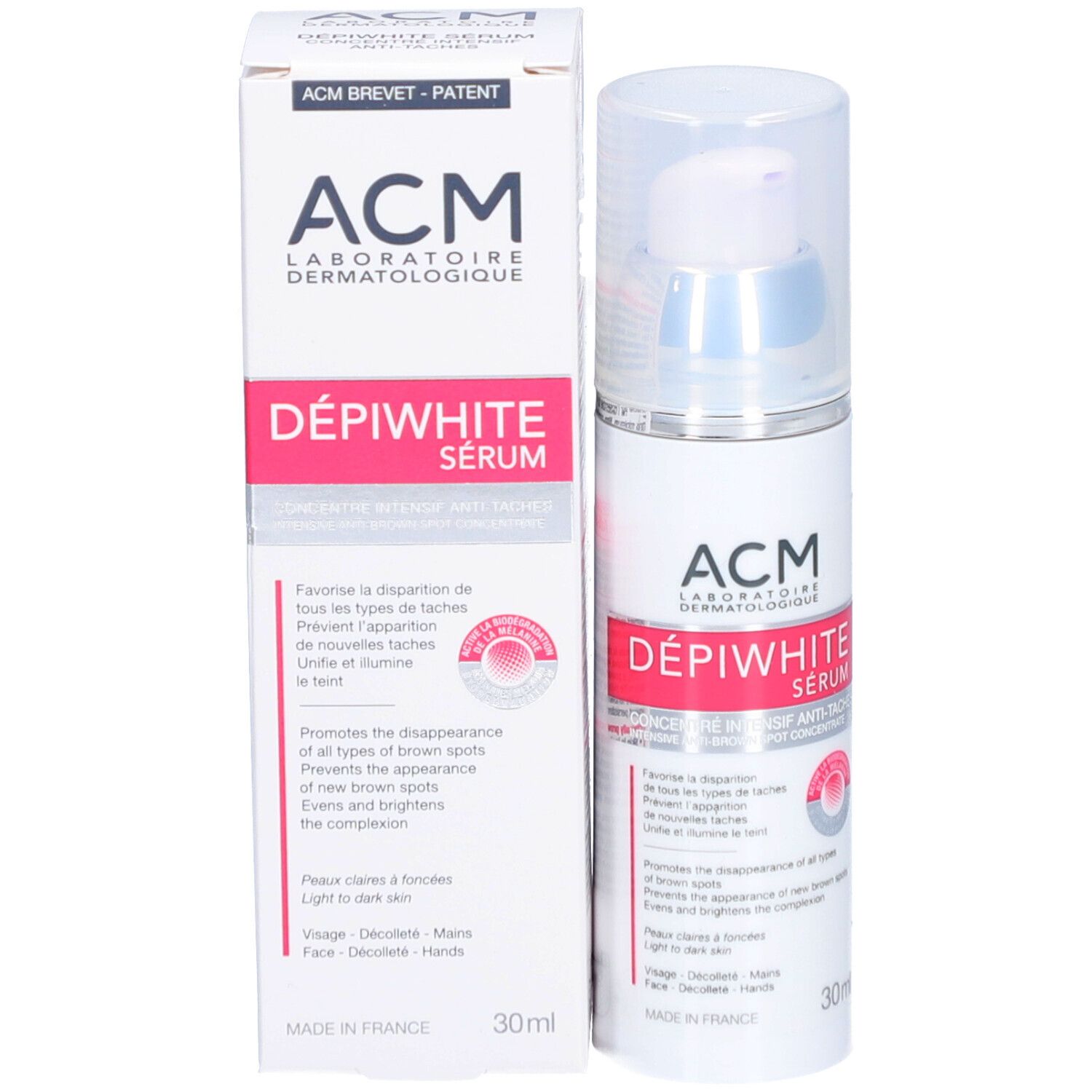 Serumfles en verpakking. Opschrift: ACM Dépiwhite Sérum, Anti-Tâches. 30ml.