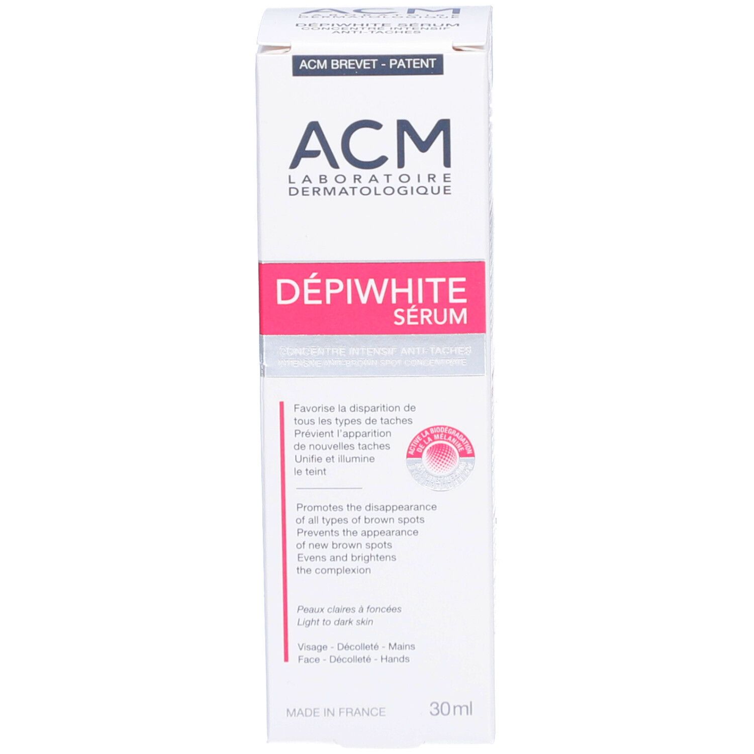 Verpakking met opschrift: ACM Dépiwhite Sérum, Anti-Tâches. 30ml.