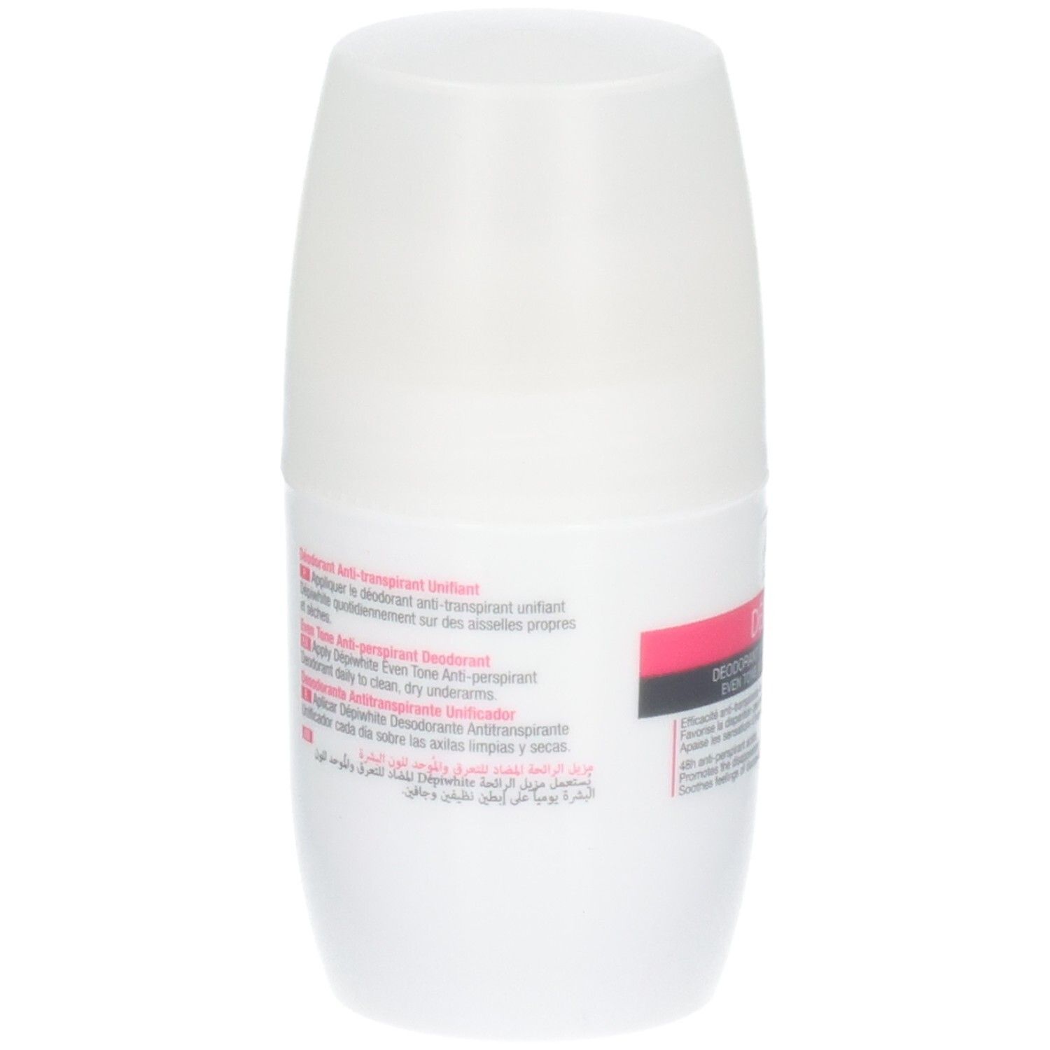 Déodorant roll-on blanc avec capuchon blanc. Texte sur le flacon en plusieurs langues.
