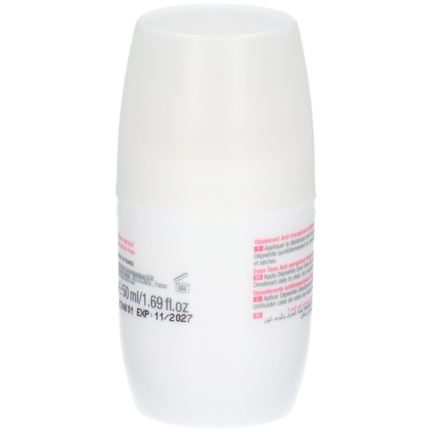 Bouteille déodorante roll-on blanche avec bouchon blanc. Contient 50 ml.