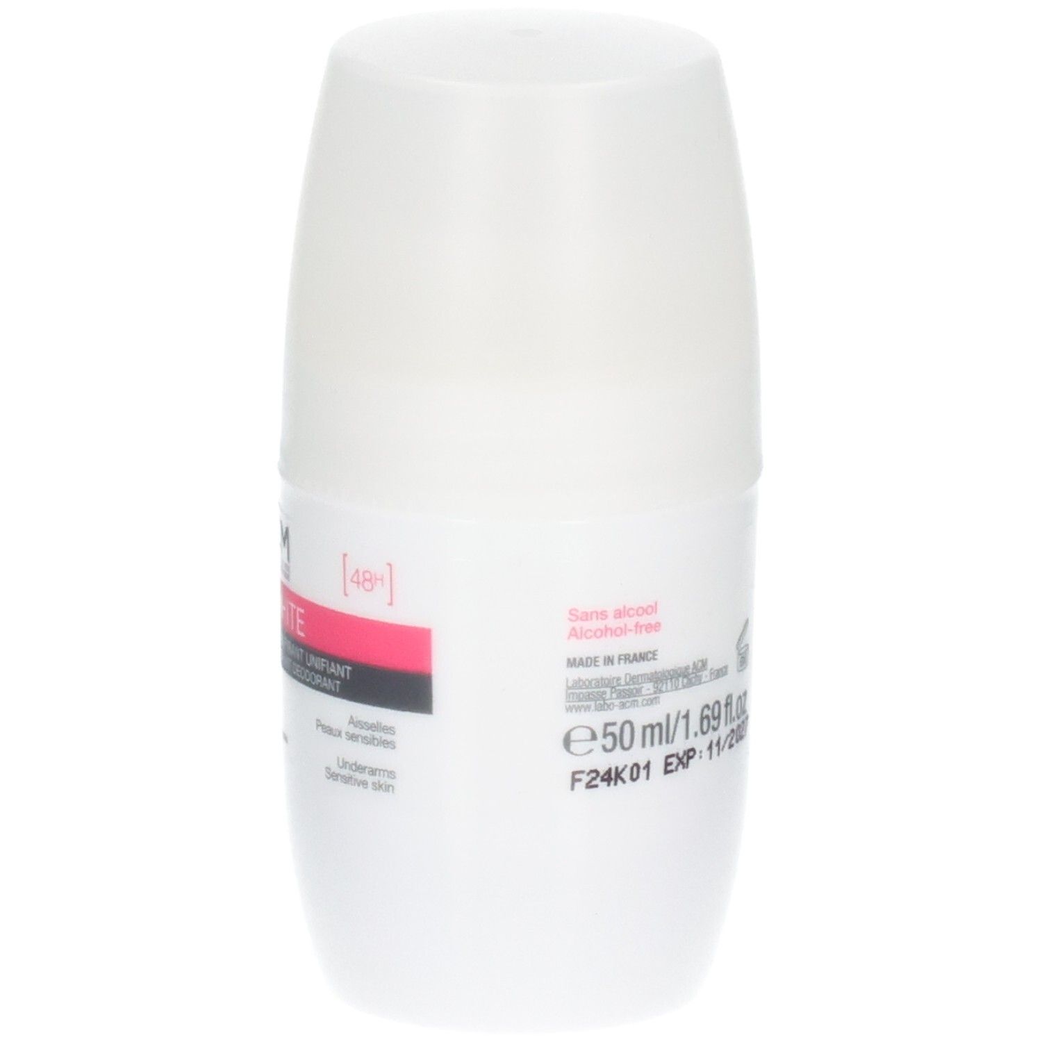 Déodorant roll-on blanc avec capuchon blanc. Contient 50 ml. "Sans alcool" et "Alcohol-free" sont visibles.
