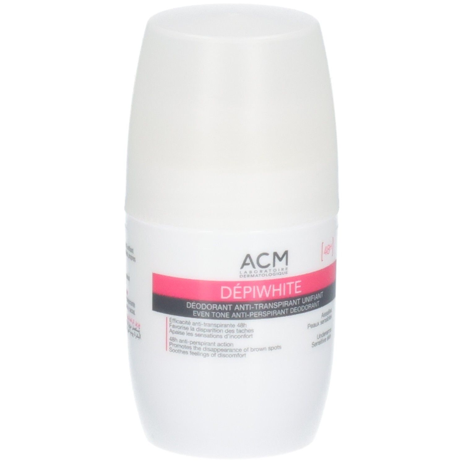 Déodorant roll-on ACM Dépiwhite, flacon blanc avec capuchon blanc. Étiquette rose et noire avec informations produit.