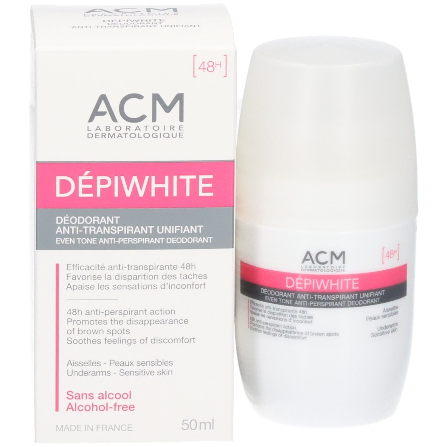 Déodorant Roll-On ACM Dépiwhite, 50ml. Flacon blanc avec étiquette rose et grise. Sans alcool.