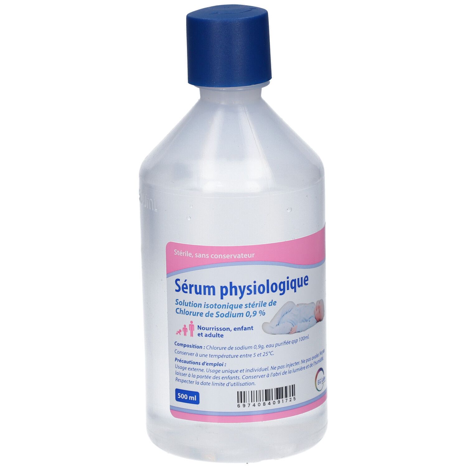Fles fysiologisch serum met blauwe dop. Roze etiket met tekst en baby-illustratie. Inhoud 500 ml.