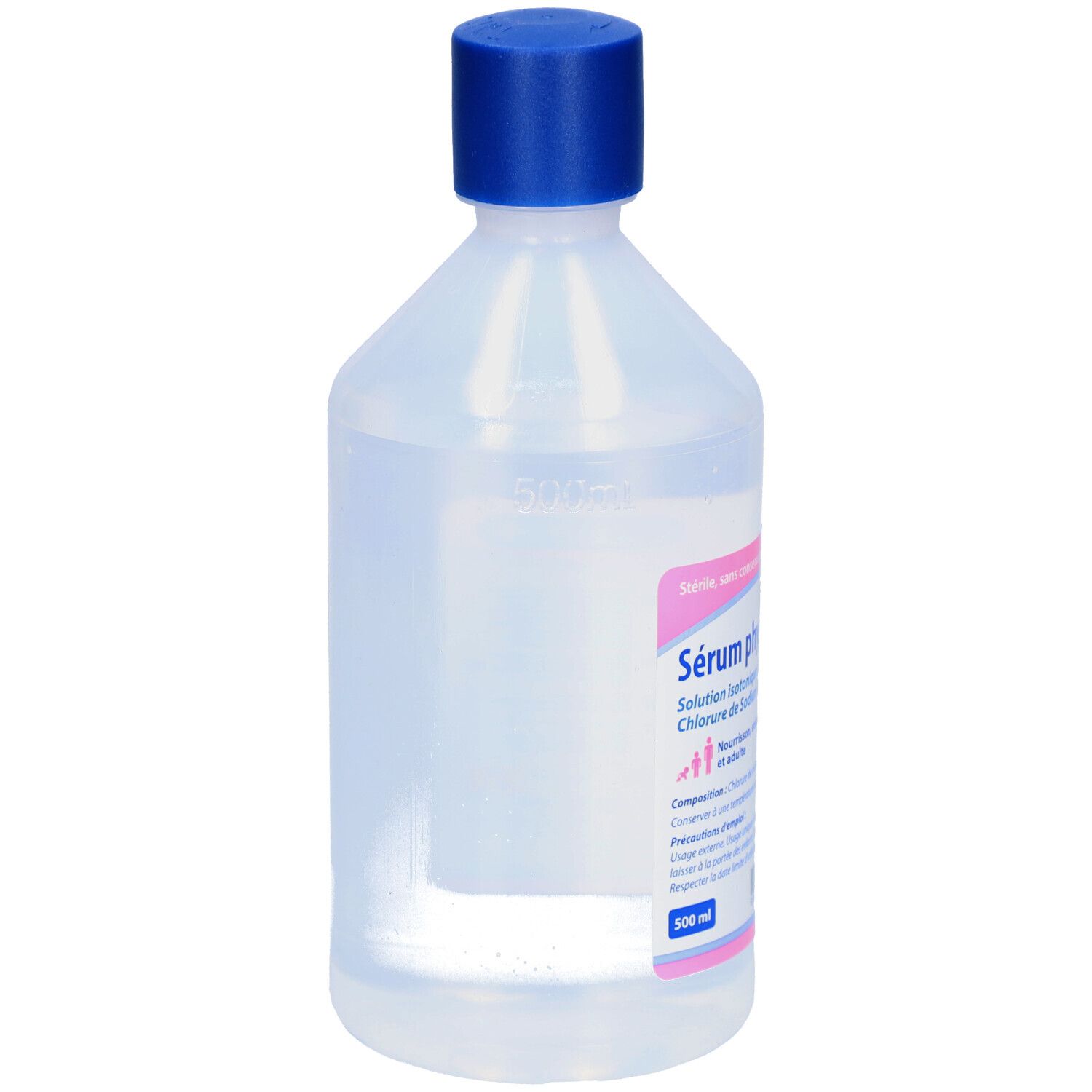 Transparante fles met blauwe dop. Opschrift: 500 ml. Vloeistof zichtbaar. Etiket gedeeltelijk zichtbaar.