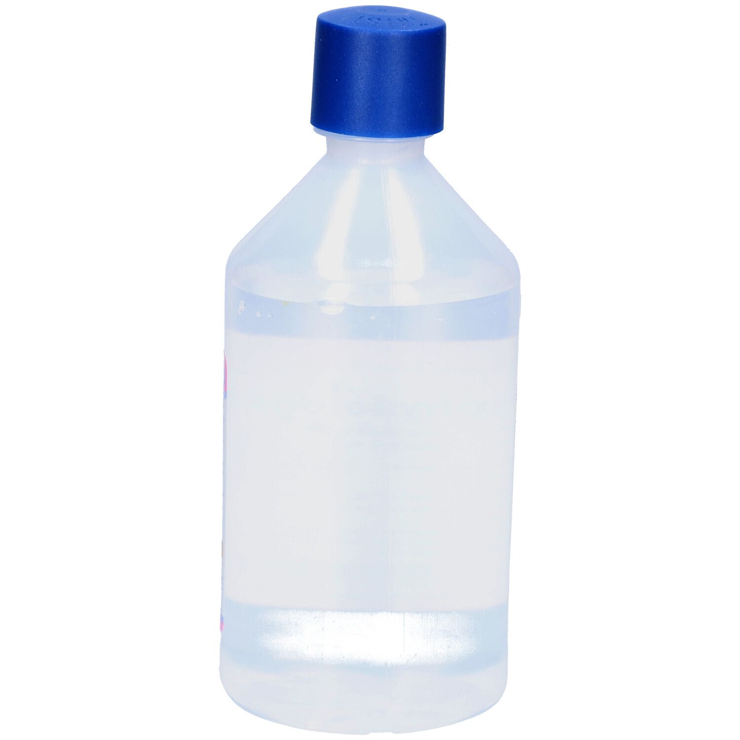 Transparante fles met blauwe dop. Vloeistof zichtbaar. Geen andere details herkenbaar.
