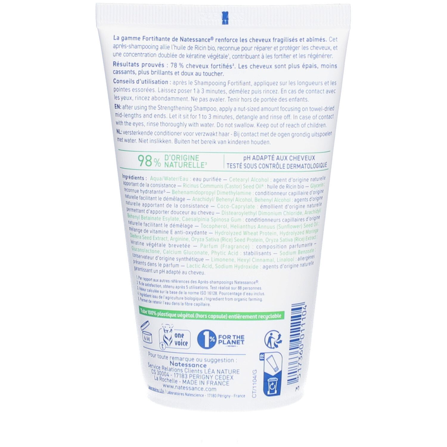 Achterkant van een witte tube. Tekst: Ingrediënten, 98% natuurlijke ingrediënten, pH dermatologisch getest. Recyclinglogo.