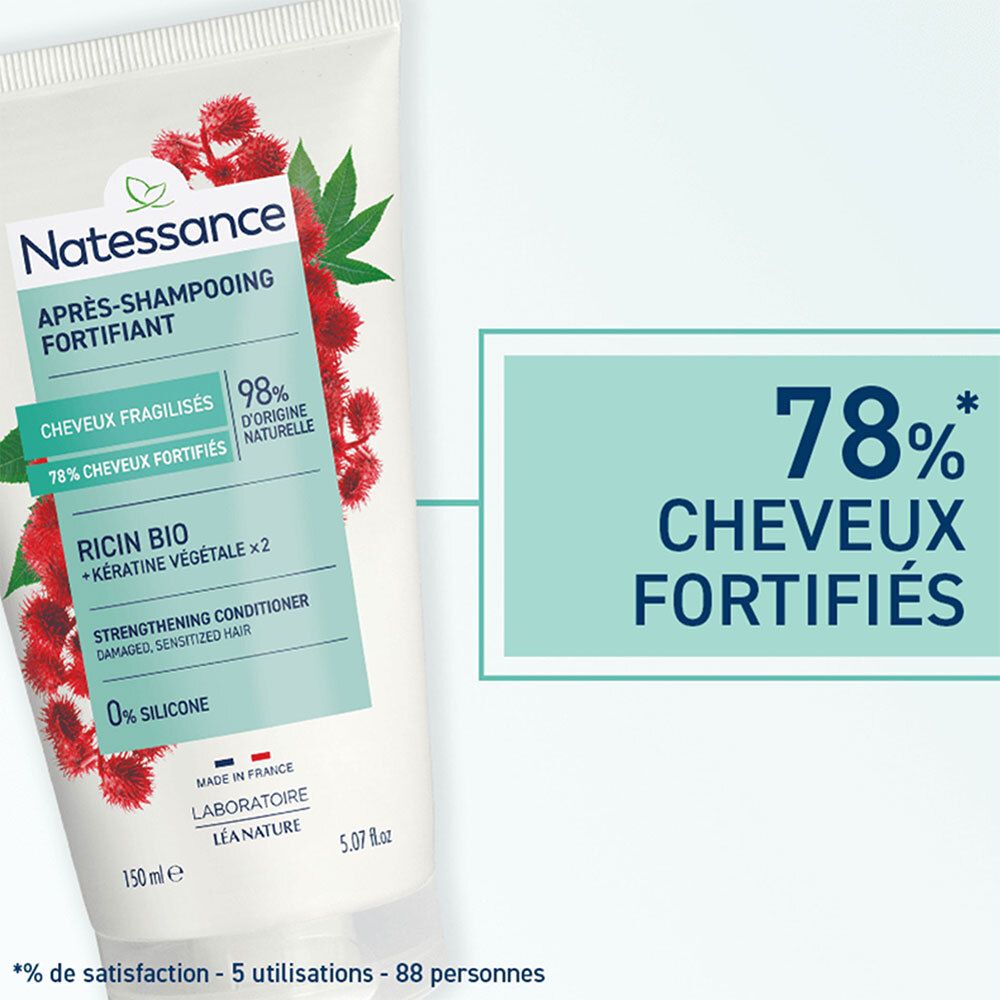 Detail van de tube met tekst: Natessance, Après-shampooing fortifiant. Tekst: 78% Cheveux fortifiés.