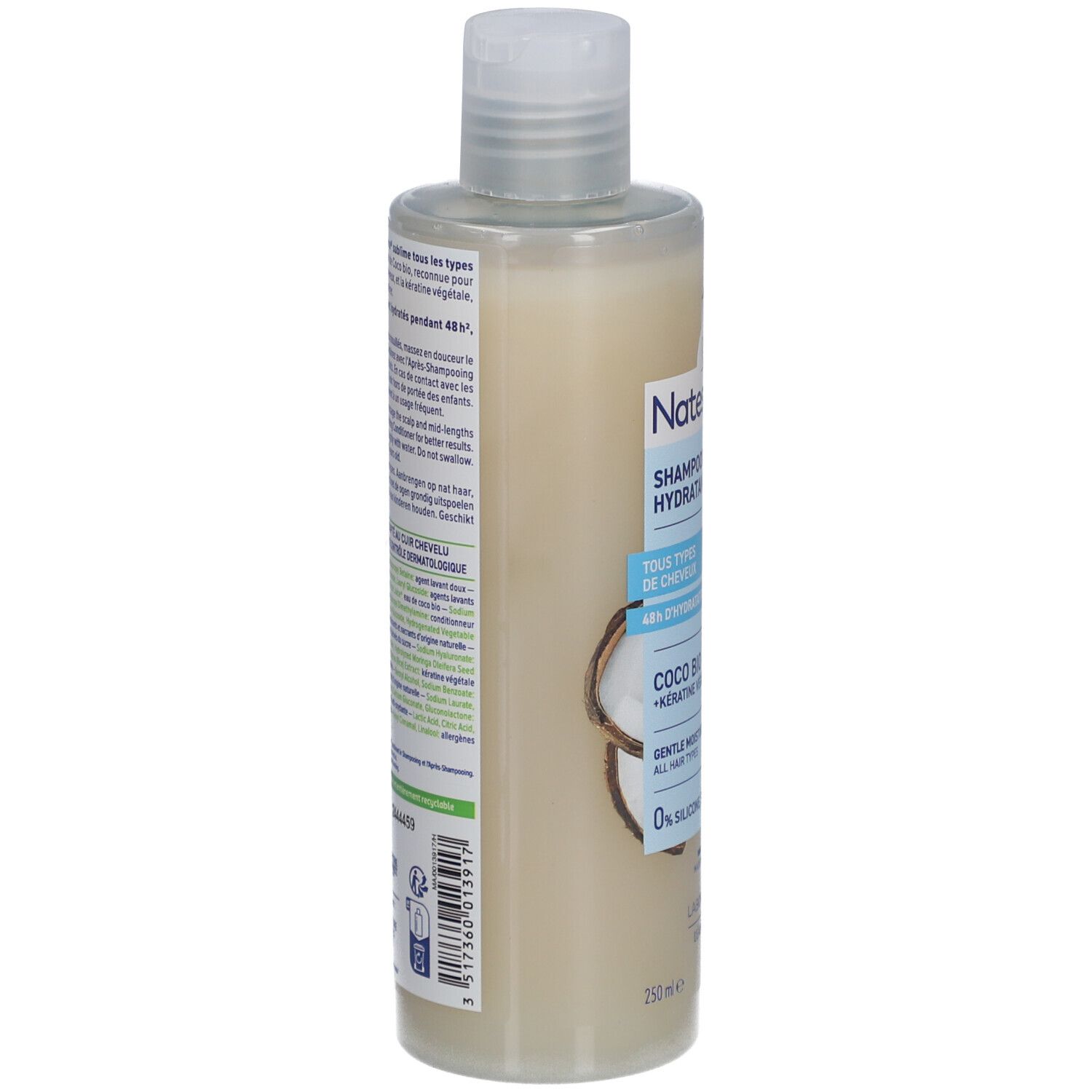 Flacon de shampooing, vue latérale. Inscription: NATESSANCE, Shampoing hydratant douceur, Coco Bio. 92% d'ingrédients naturels. Tous types de cheveux.