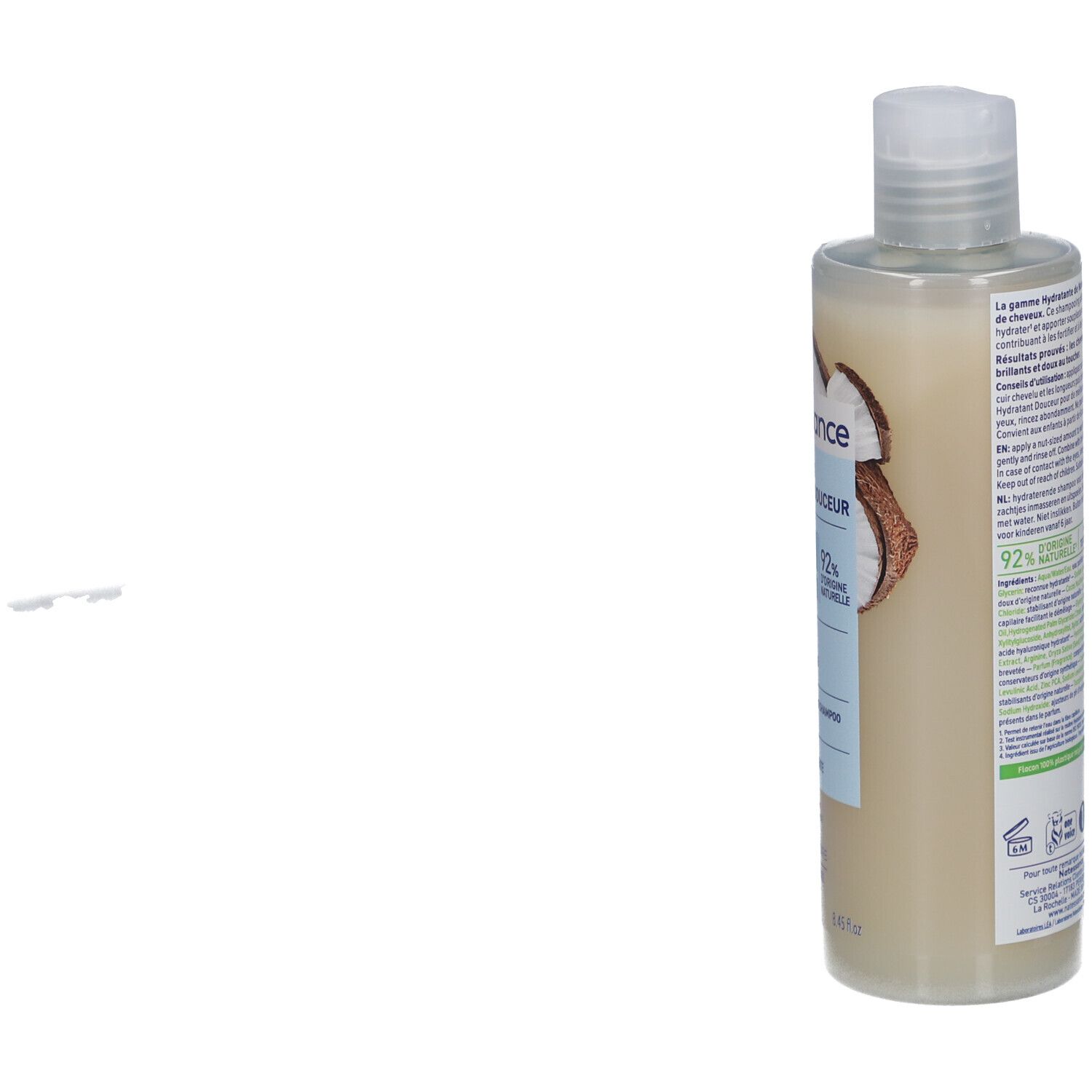 Flacon de shampooing, vue latérale. Inscription: NATESSANCE, Shampoing hydratant douceur, Coco Bio. 92% d'ingrédients naturels. Tous types de cheveux.