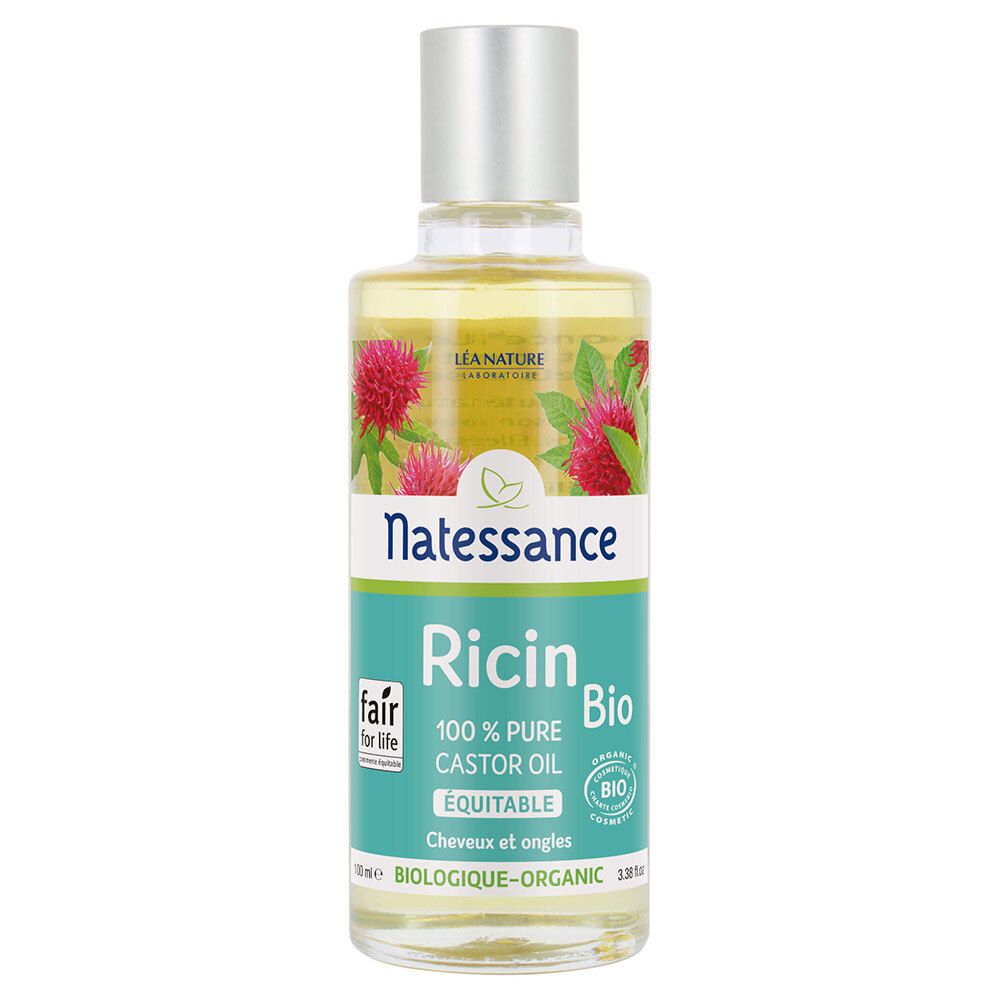 Transparante olie in fles met zilveren dop. Opschrift: Natessance Ricin Bio, 100% pure castorolie.