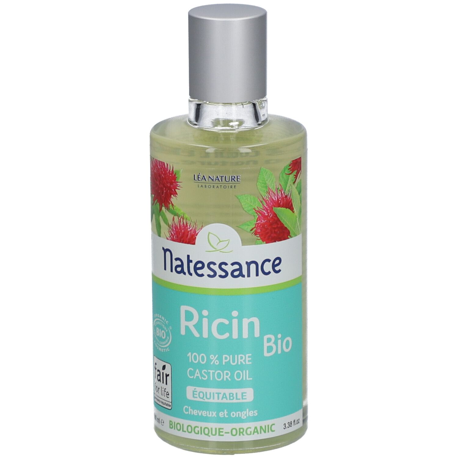Transparante olie in fles met zilveren dop. Opschrift: Natessance Ricin Bio, 100% pure castorolie.