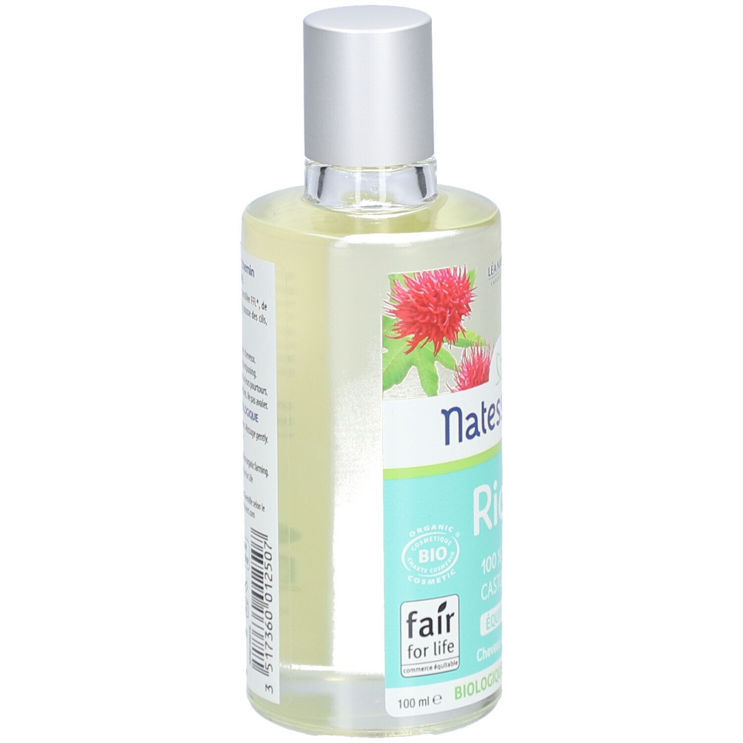 Transparante olie in fles met zilveren dop. Opschrift: Natessance Ricin Bio, 100% pure castorolie.