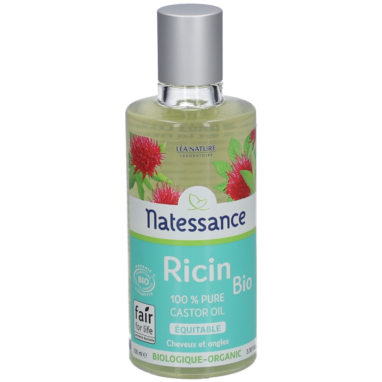 Transparante olie in fles met zilveren dop. Opschrift: Natessance Ricin Bio, 100% pure castorolie.