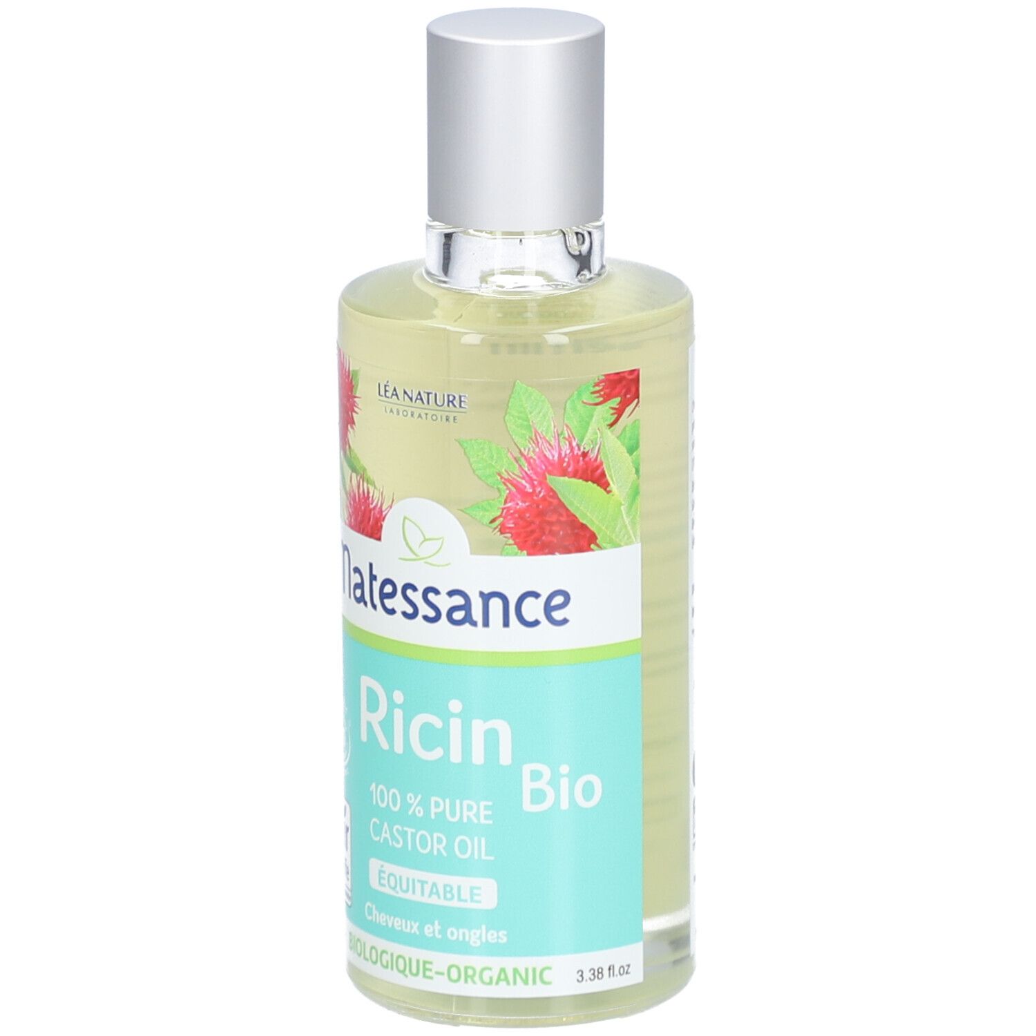 Transparante olie in fles met zilveren dop. Opschrift: Natessance Ricin Bio, 100% pure castorolie.