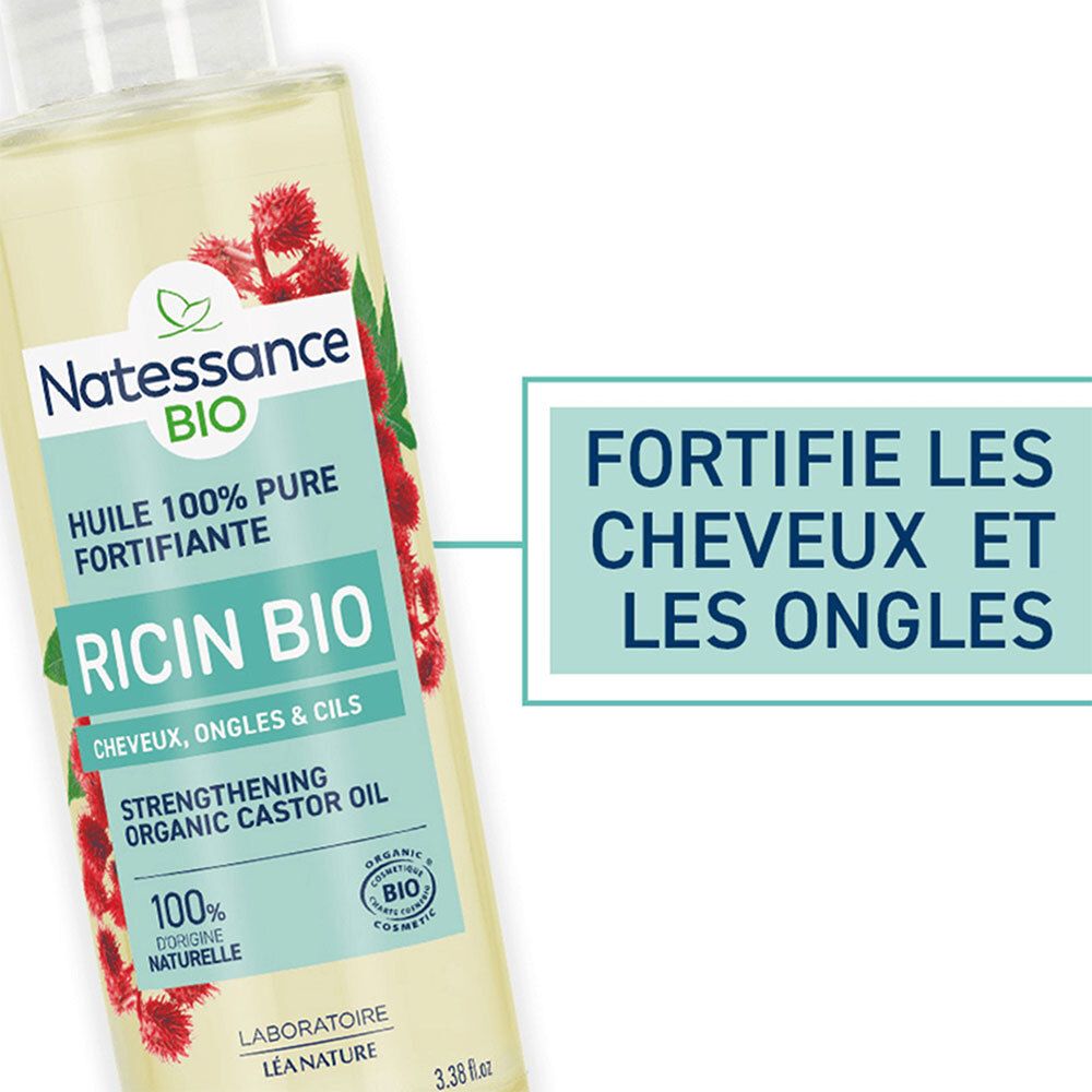 Détail flacon SO BIO ETIC Natessance Ricin bio. Texte: Ricin Bio, huile 100% pure fortifiante. Fortifie cheveux et ongles.