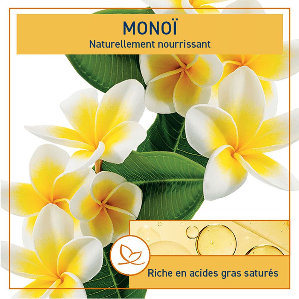 Gros plan sur fleurs et huile. Texte: Monoï, naturellement nourrissant. Riche en acides gras saturés.