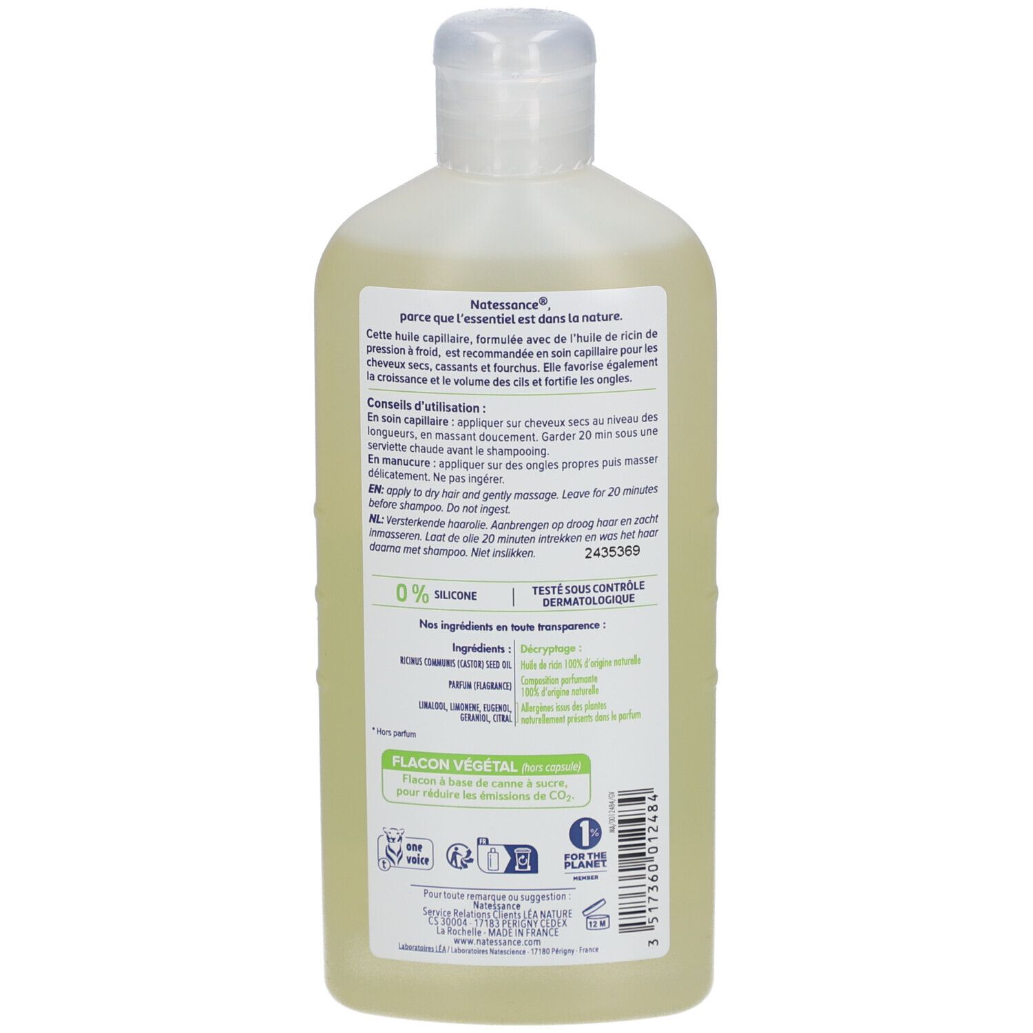 Achterkant fles. Tekst: gebruiksaanwijzing, ingrediënten, 0% siliconen, dermatologisch getest. Fles van plantaardig materiaal.