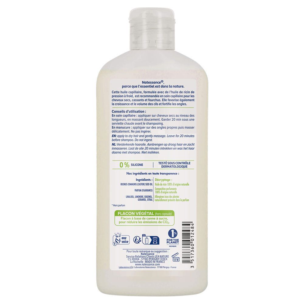 Achterkant fles. Tekst: gebruiksaanwijzing, ingrediënten, 0% siliconen, dermatologisch getest. Fles van plantaardig materiaal.