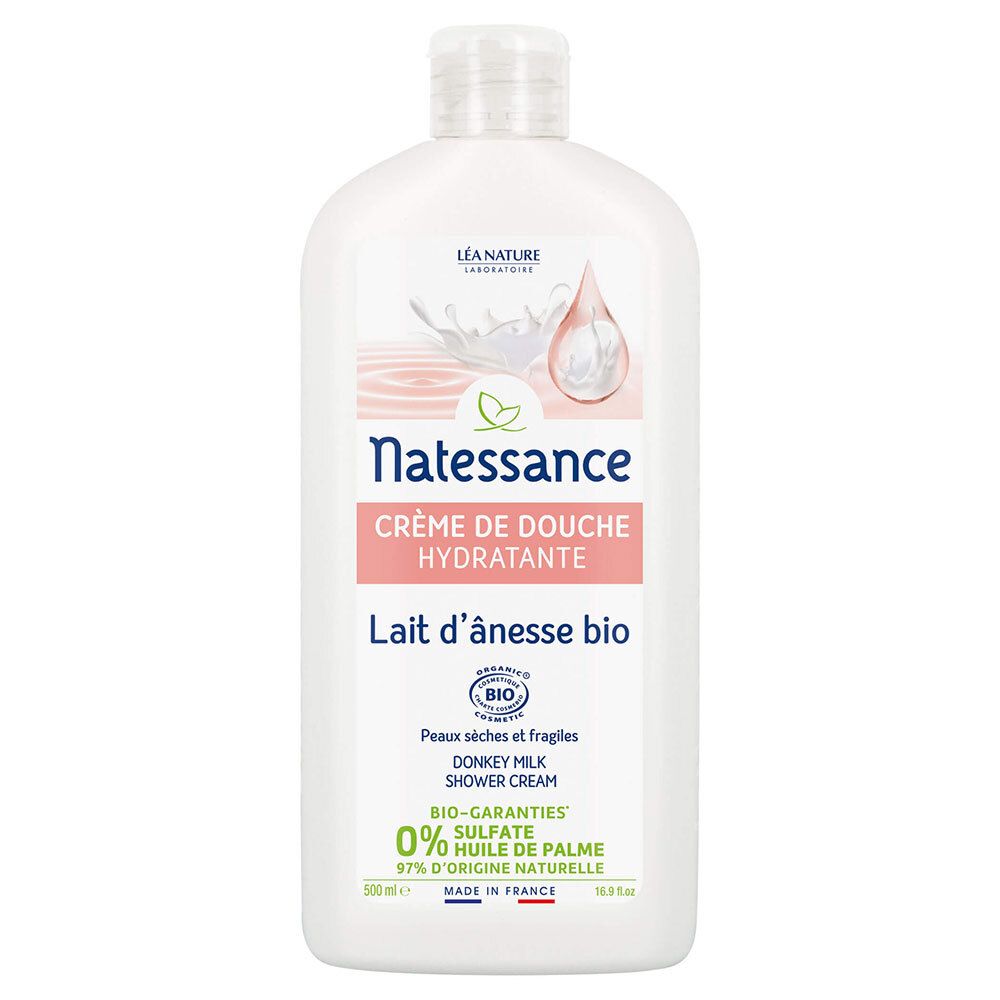 Flacon blanc avec étiquette. Texte: Crème de douche hydratante, Lait d'ânesse bio. Certification bio. 0% sulfate, 97% ingrédients naturels.