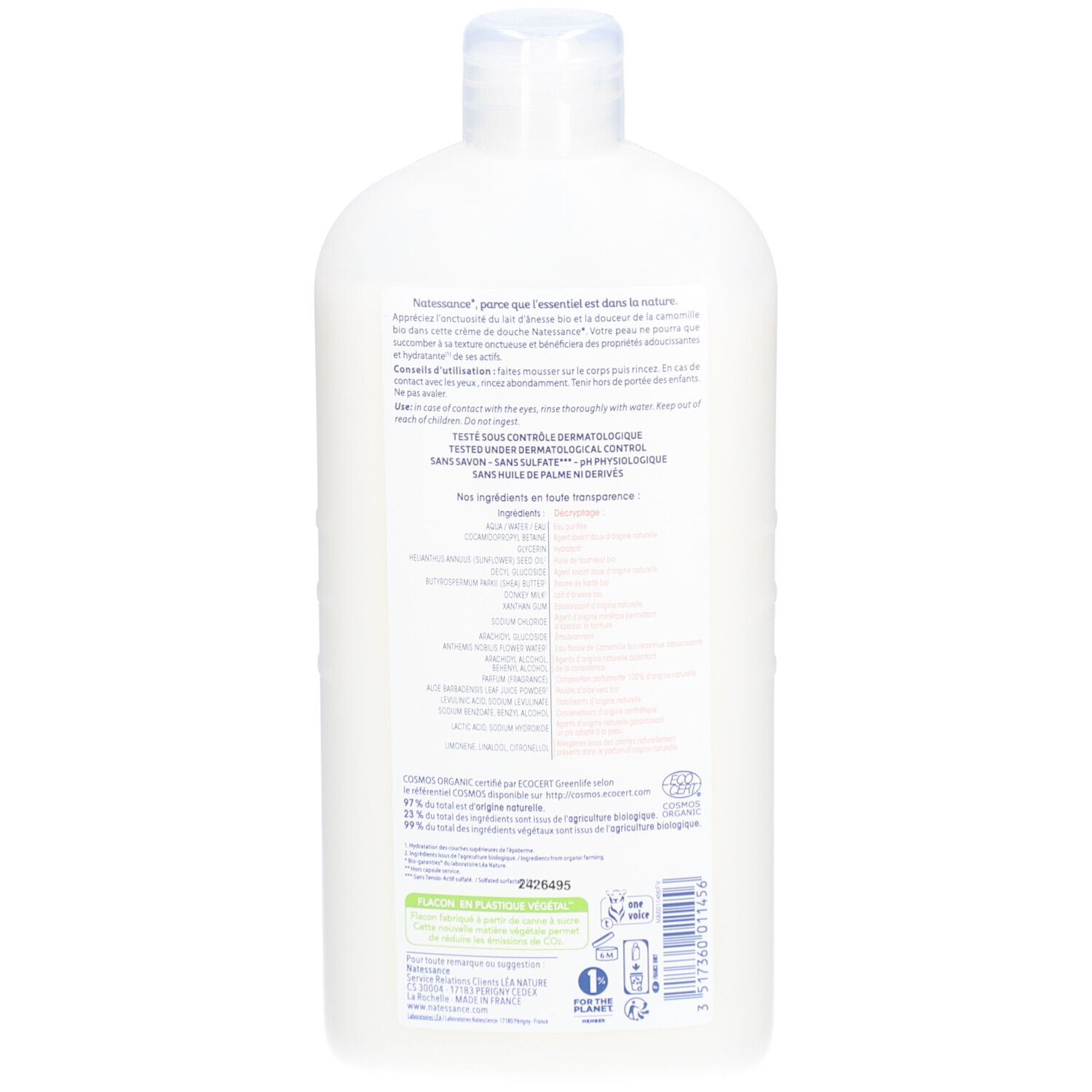 Dos d'un flacon blanc. Texte: Ingrédients, certification COSMOS ORGANIC, logo de recyclage. Code-barres et autres informations.