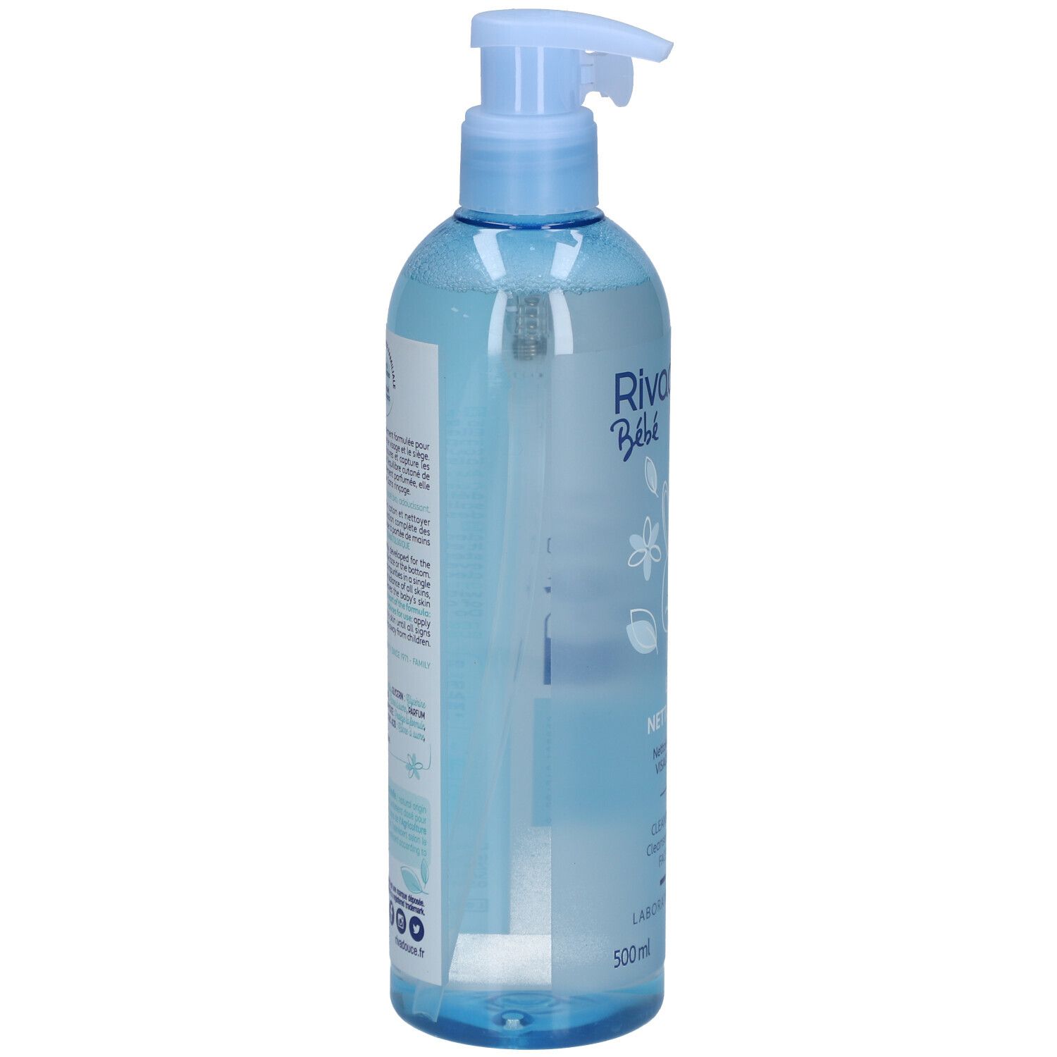 Lichtblauwe fles met pomp, zijaanzicht. Opschriften en tekst op etiket. Met bio-label en andere logo's.