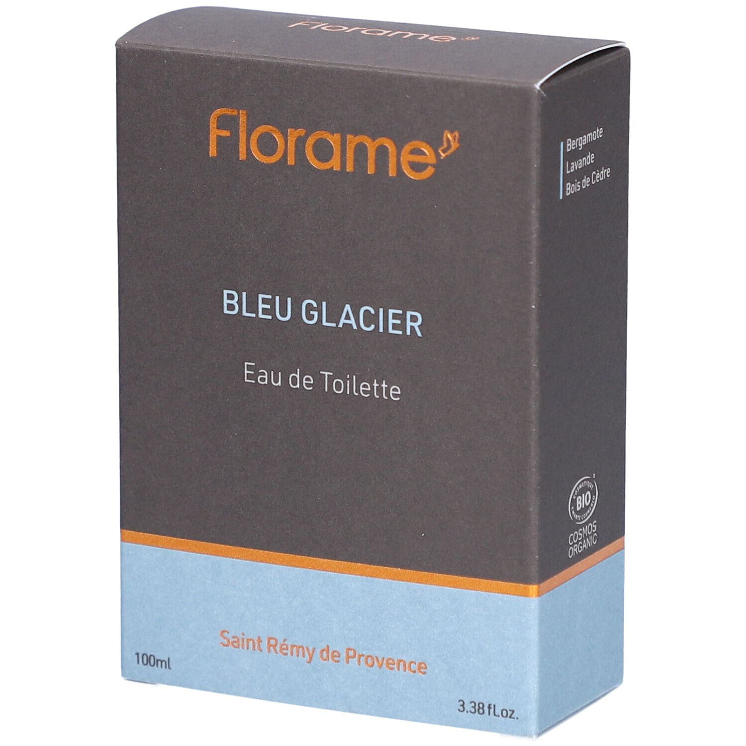 Boîte de FLORAME Eau de Toilette Bleu Glacier. Haut marron, bas bleu clair. Texte: Bleu Glacier, Eau de Toilette, 100ml, 3.38 fl.oz.