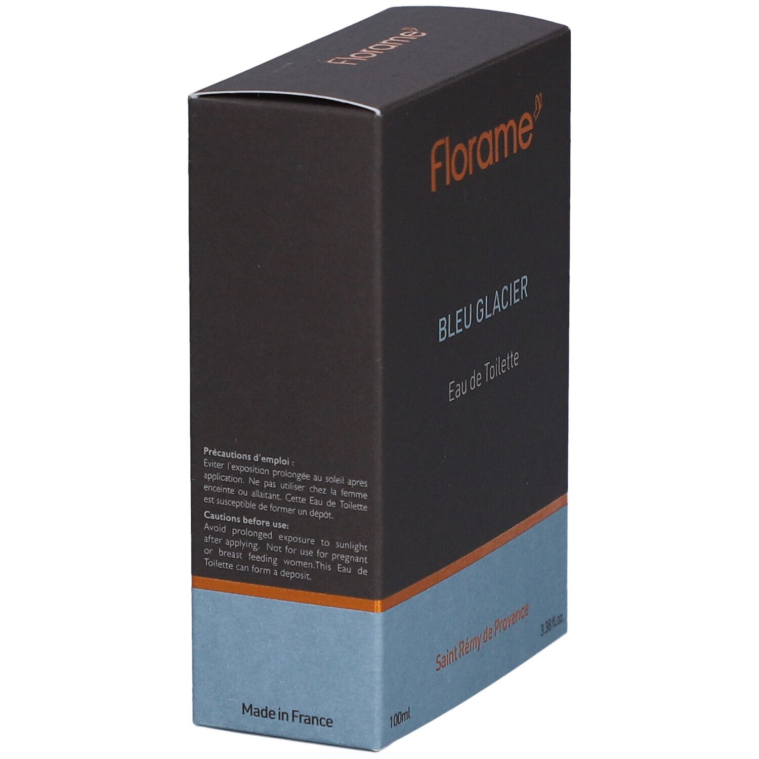 Boîte de FLORAME Eau de Toilette Bleu Glacier. Vue en biais. Haut marron, bas bleu clair. Texte: Bleu Glacier, Eau de Toilette, 100ml.