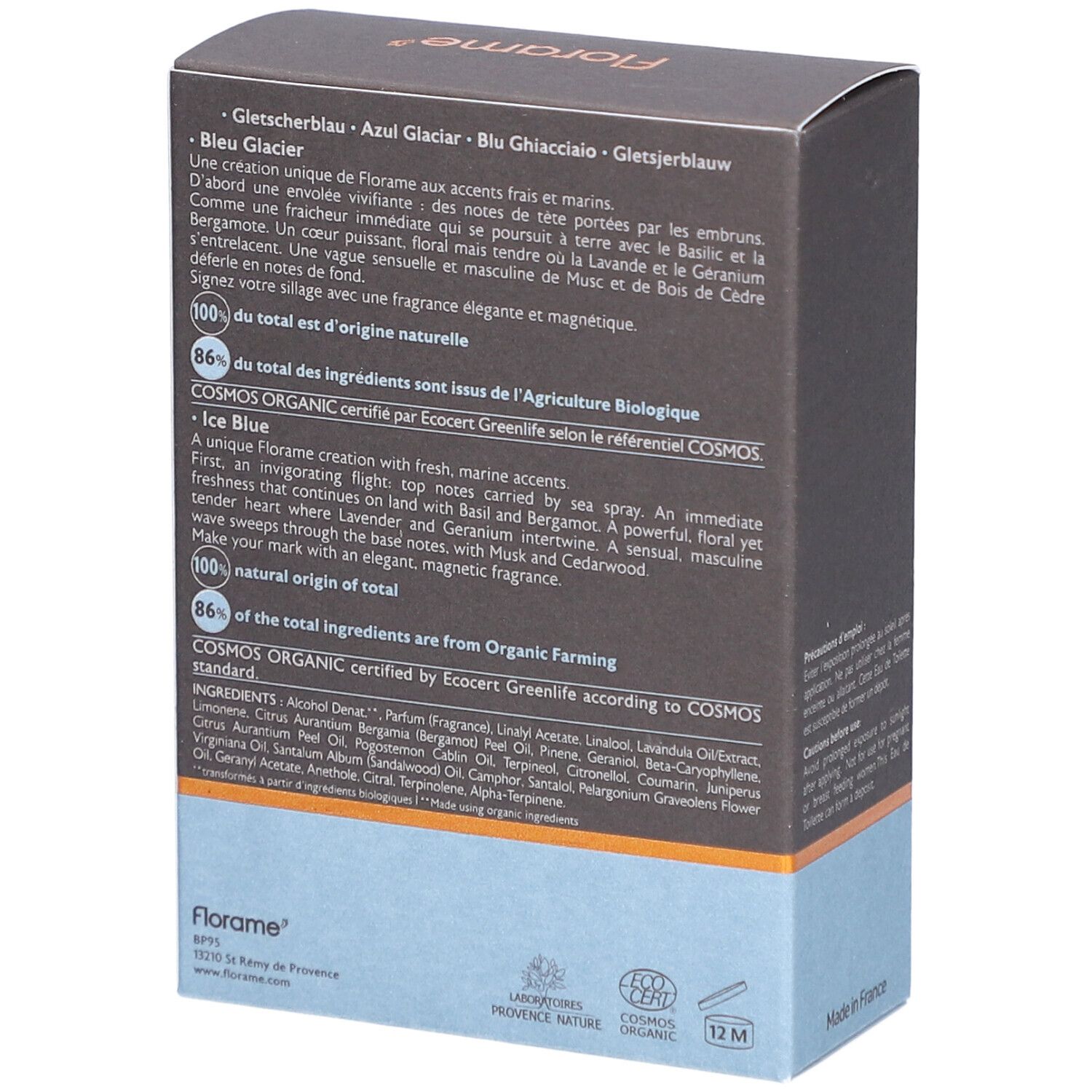 Dos de la boîte de FLORAME Eau de Toilette. Texte multilingue. Contient des informations sur les ingrédients et les certifications.