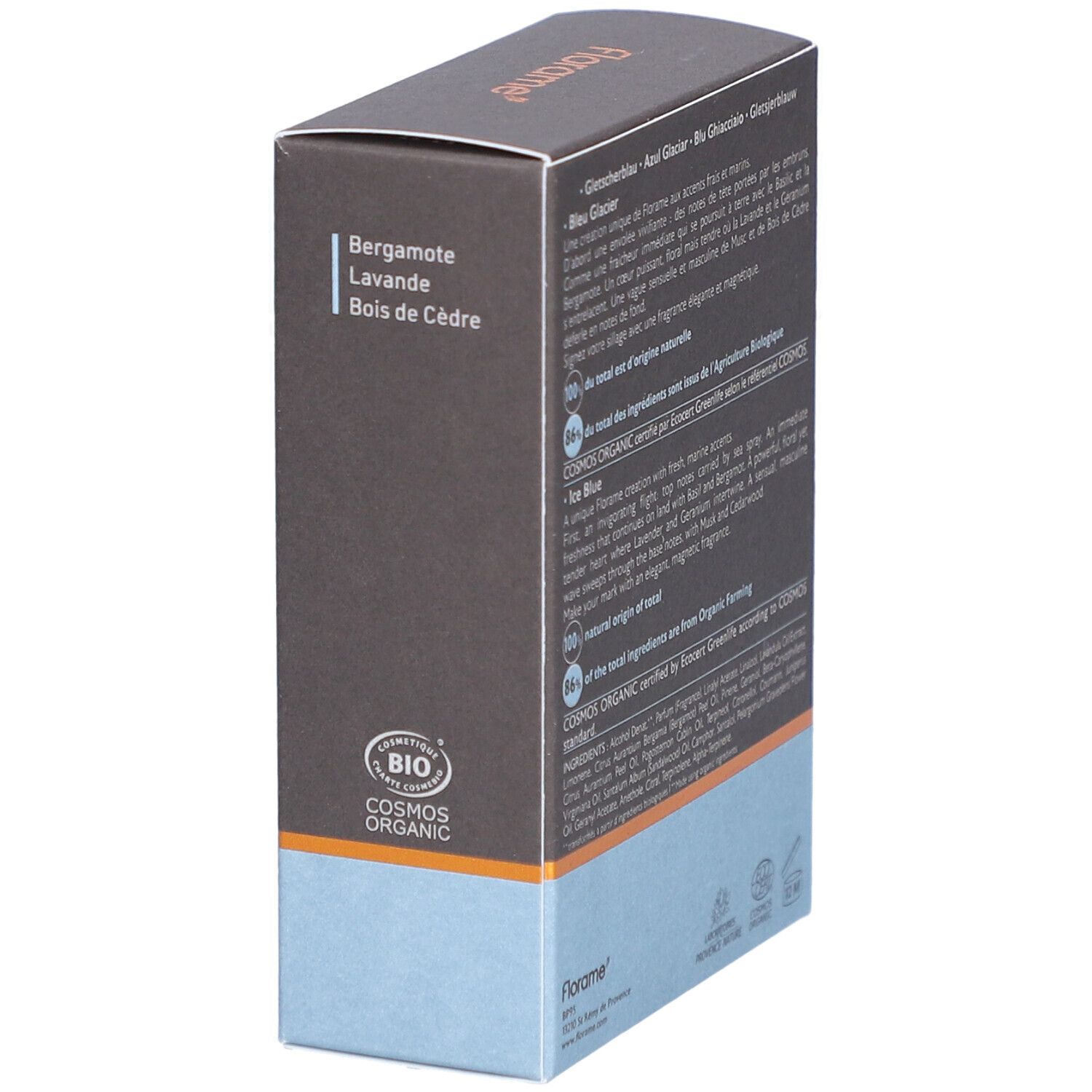 Boîte de FLORAME Eau de Toilette. Texte: Bergamote, Lavande, Bois de Cèdre. Avec certification biologique.