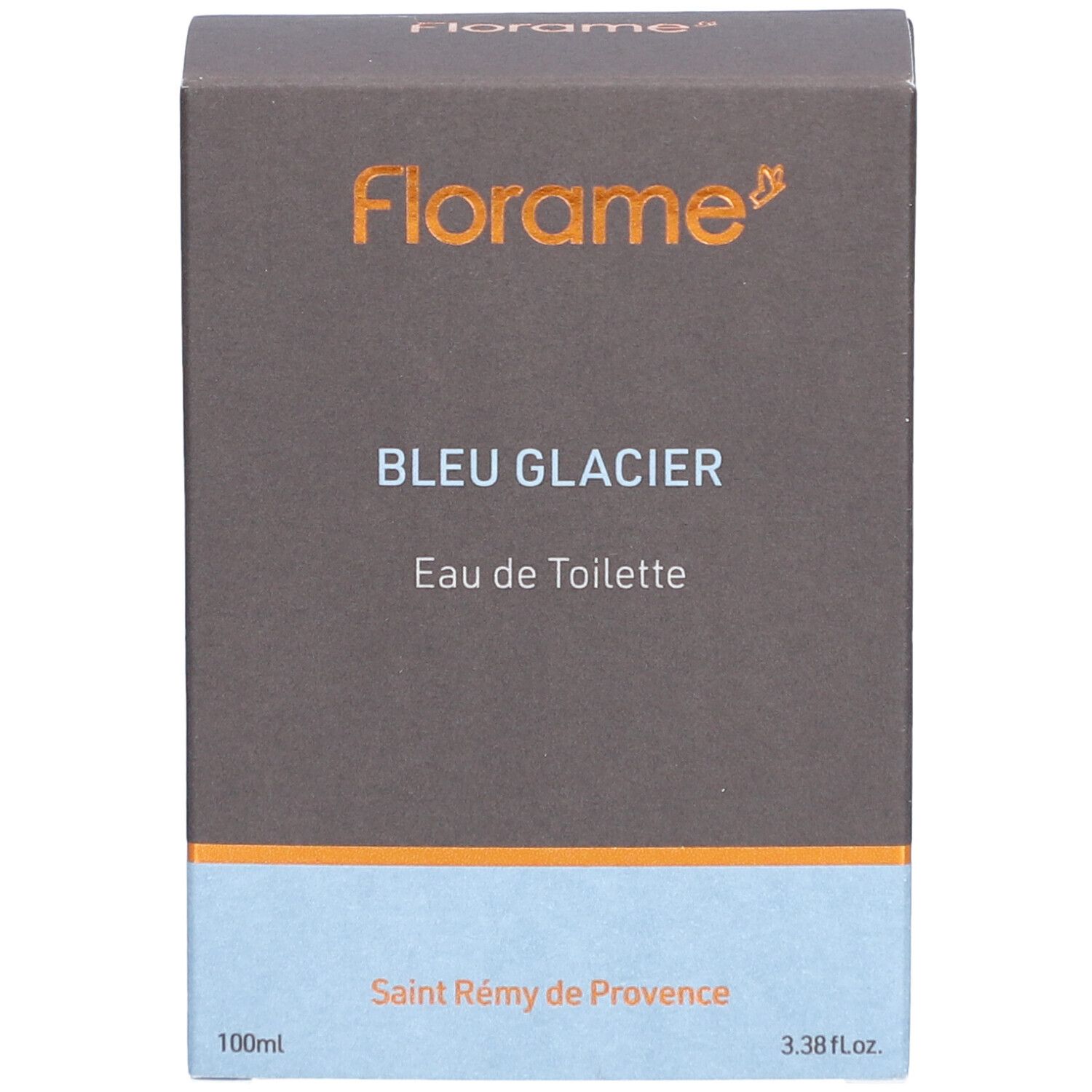 Boîte de FLORAME Eau de Toilette Bleu Glacier. Haut marron, bas bleu clair. Texte: Bleu Glacier, Eau de Toilette, 100ml, 3.38 fl.oz.