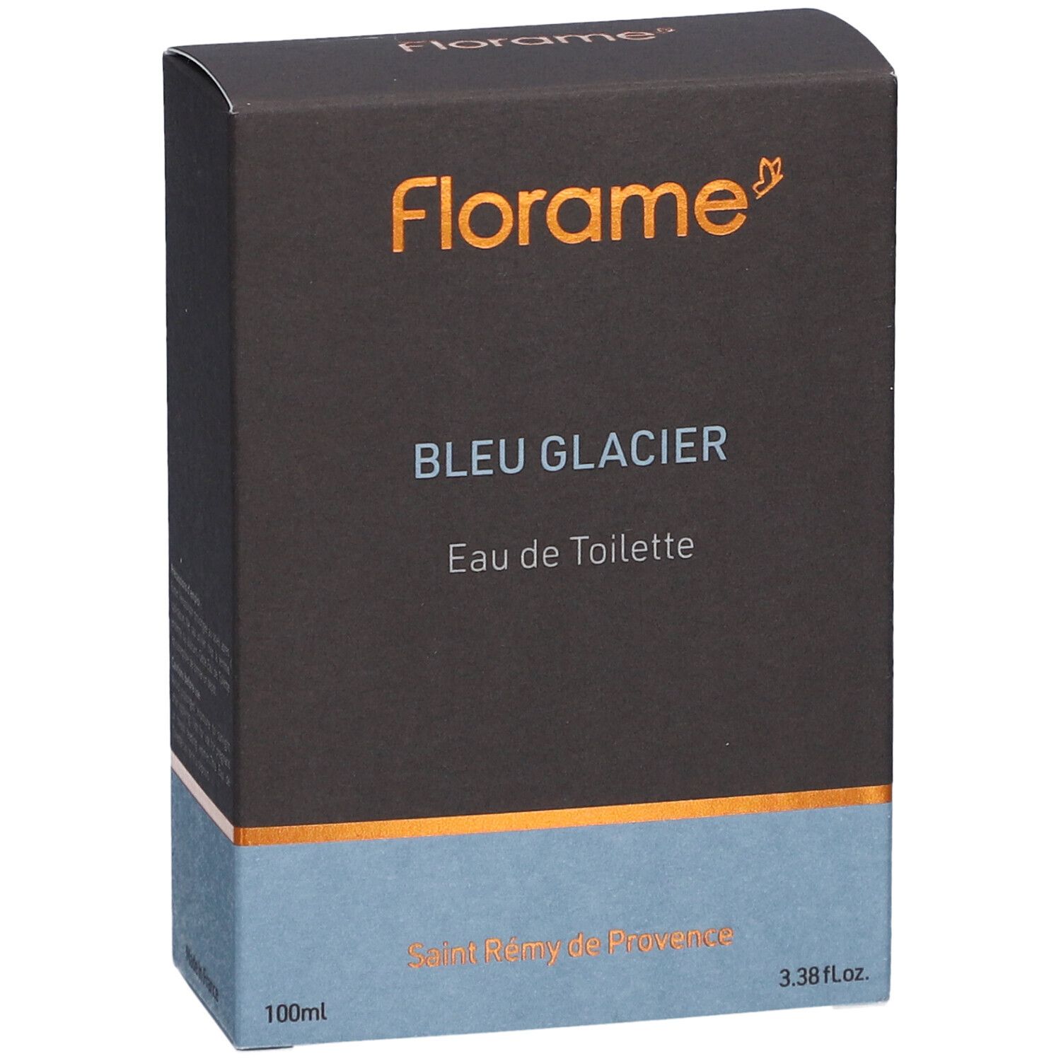 Boîte de FLORAME Eau de Toilette Bleu Glacier. Haut marron, bas bleu clair. Texte: Bleu Glacier, Eau de Toilette, 100ml, 3.38 fl.oz.