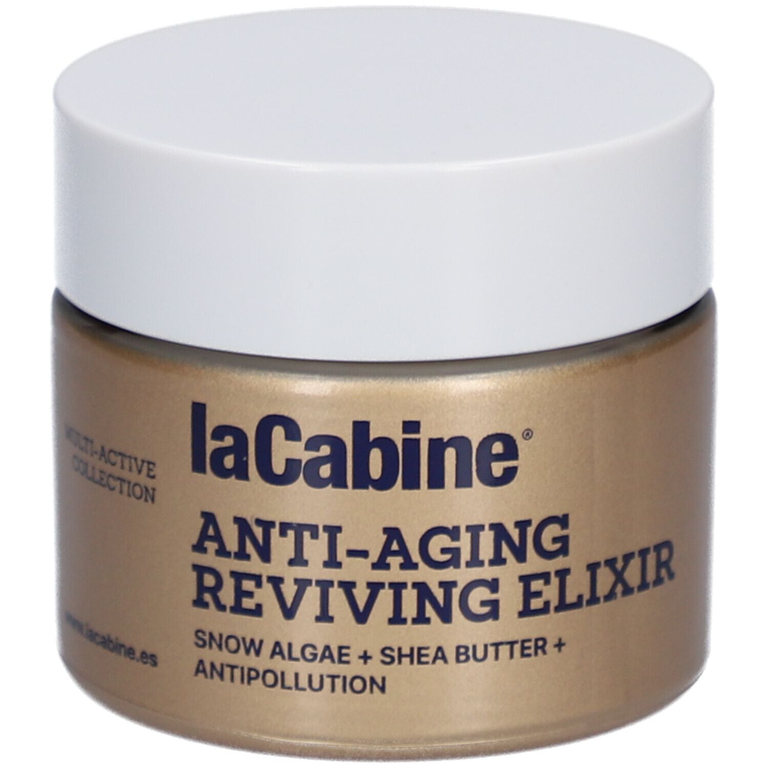 Pot doré avec couvercle blanc. Inscription: laCabine Anti-Aging Reviving Elixir. Contient algues des neiges et beurre de karité.