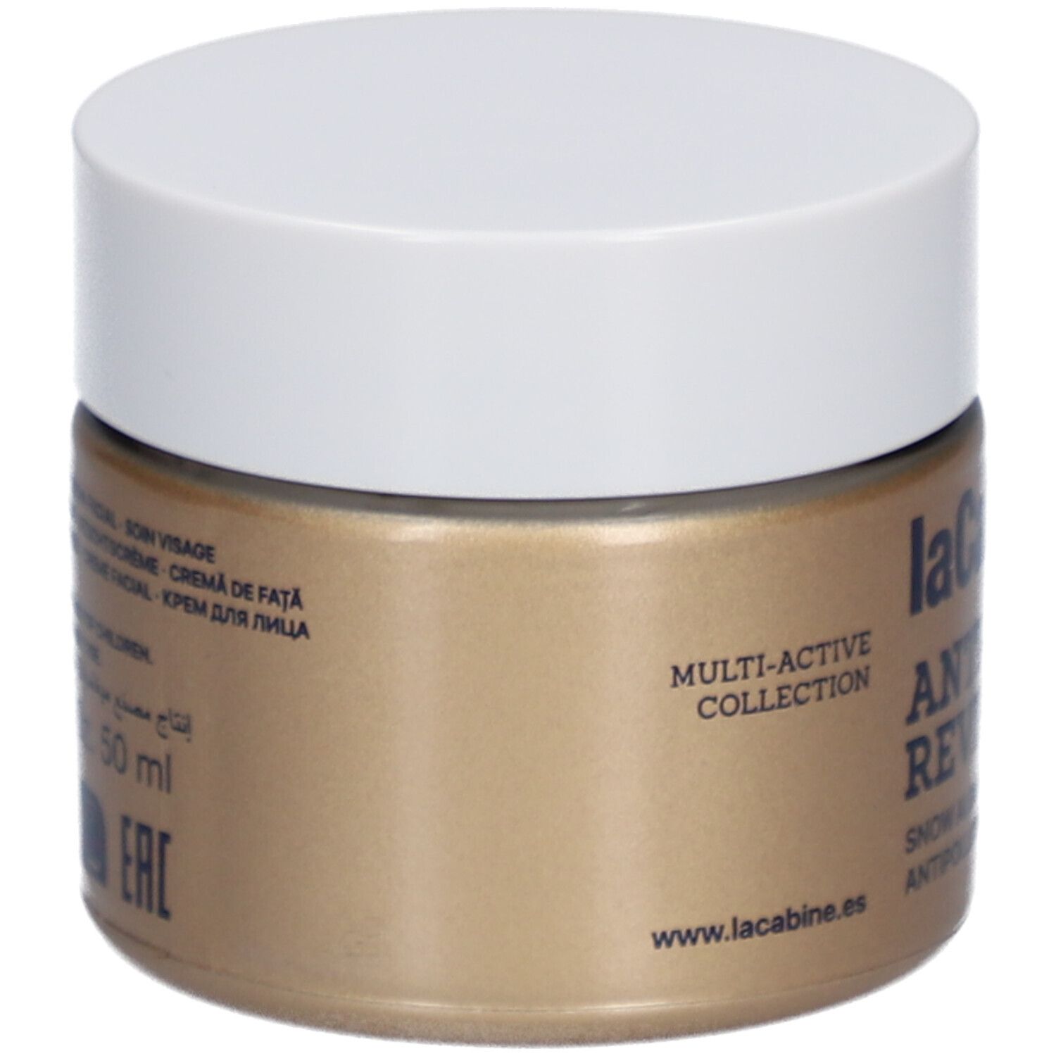 Pot doré avec couvercle blanc. Inscription: laCabine Anti-Aging Reviving Elixir. Contient algues des neiges et beurre de karité. Vue latérale.