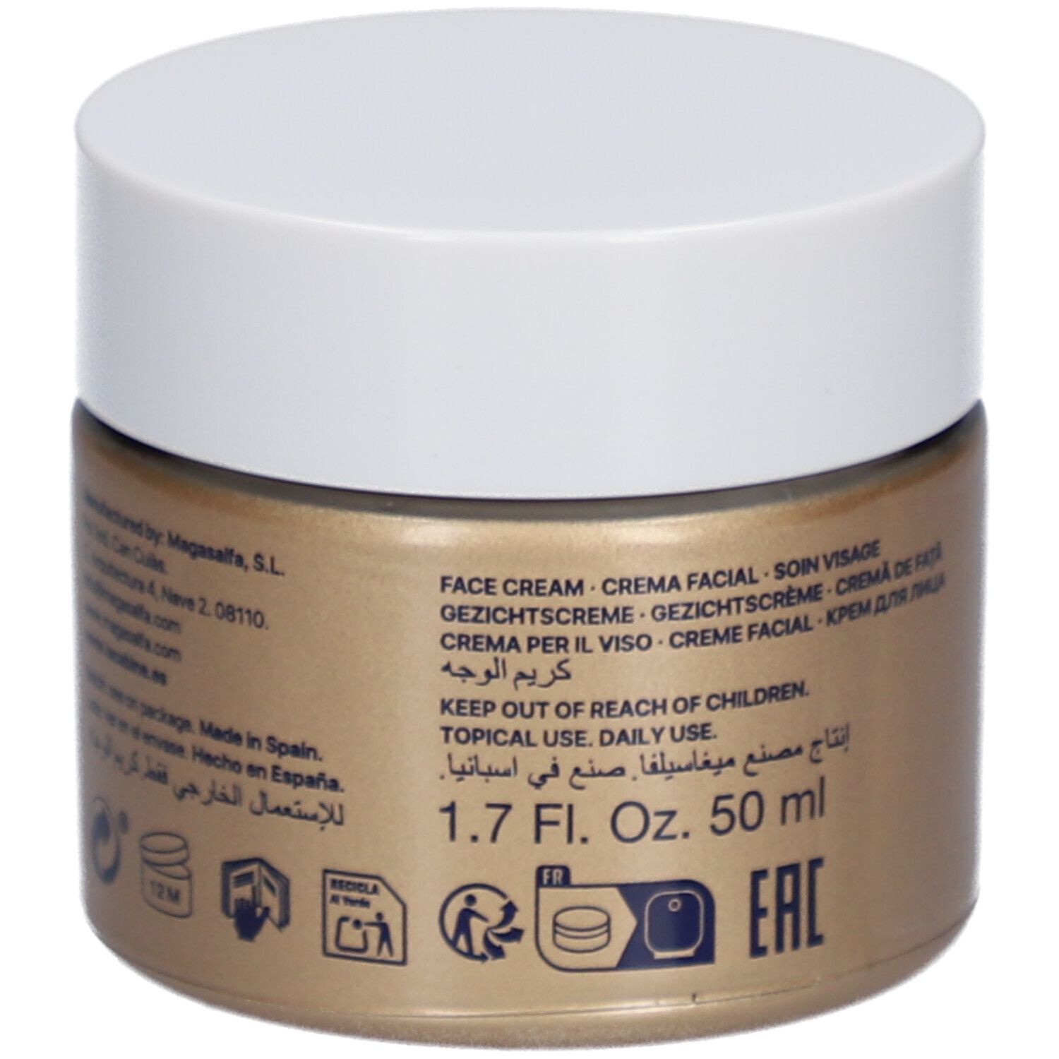Pot doré avec couvercle blanc. Inscription: laCabine Anti-Aging Reviving Elixir. Contient algues des neiges et beurre de karité. Texte multilingue.