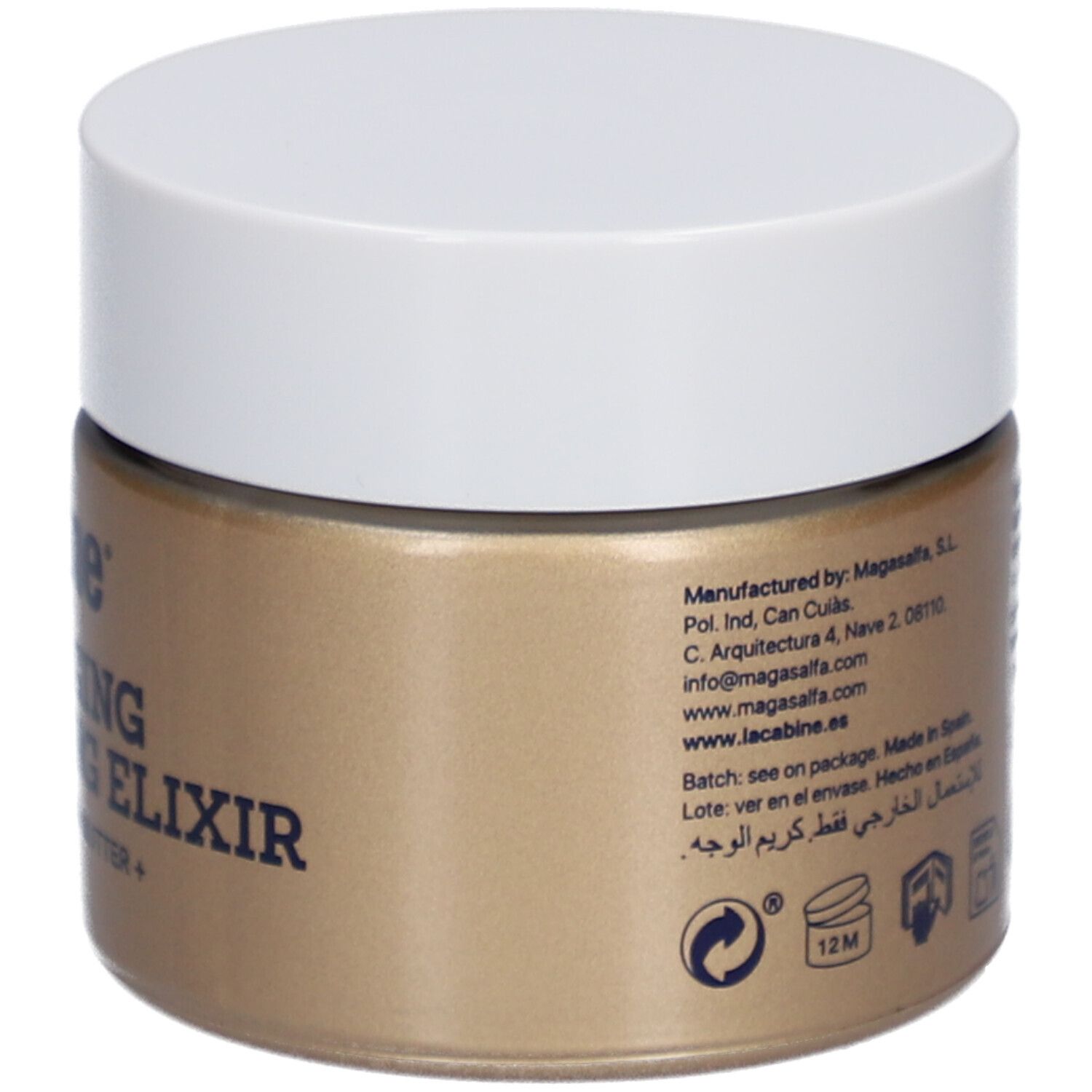 Pot doré avec couvercle blanc. Inscription: laCabine Anti-Aging Reviving Elixir. Contient algues des neiges et beurre de karité. Vue détaillée.