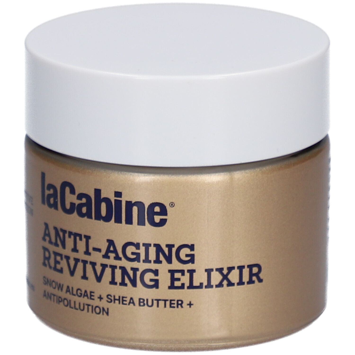 Pot doré avec couvercle blanc. Inscription: laCabine Anti-Aging Reviving Elixir. Contient algues des neiges et beurre de karité.