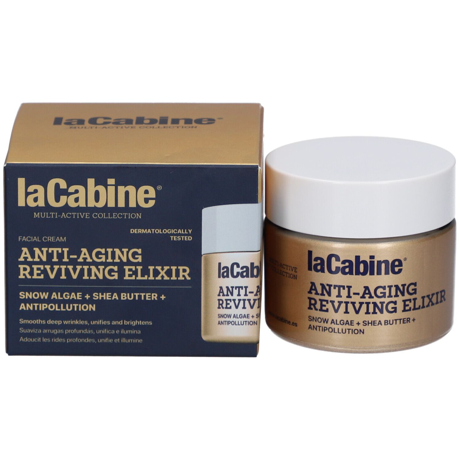 Emballage produit avec pot et petite bouteille. Inscription: laCabine Anti-Aging Reviving Elixir. Contient algues des neiges et beurre de karité.
